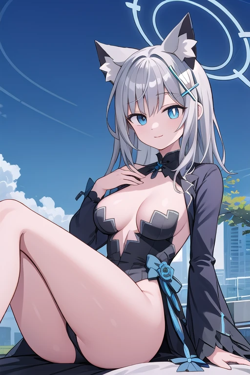 shiroko_bluearchive,beast ears,looking at viewer, little smile, slim, dizzy, big-chest, wide hips, perfect waist, day atmosphere, hair ornament,legsupsexms