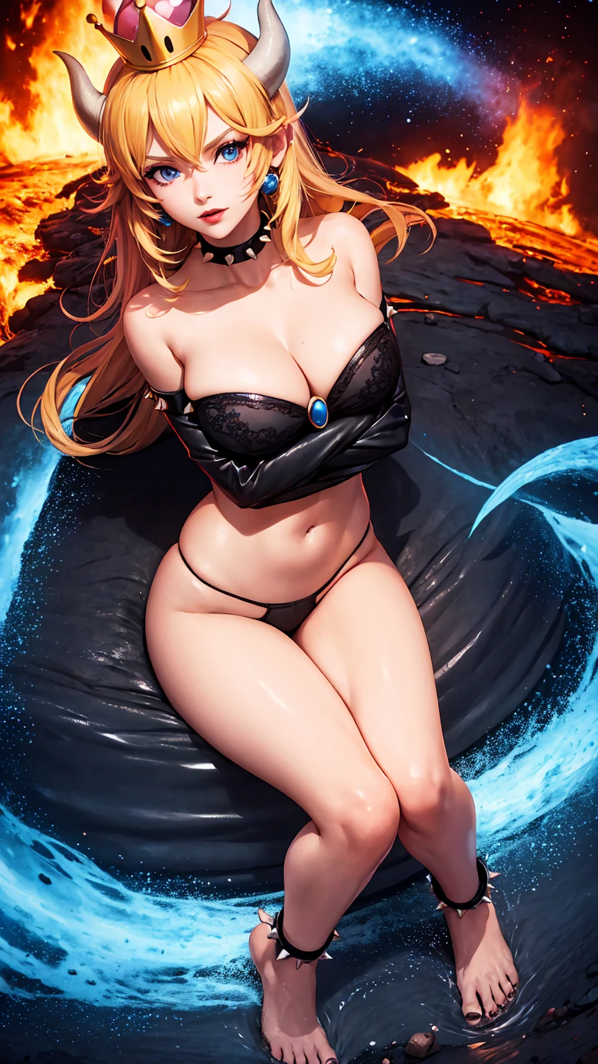 ((high detailed, best quality, 4k, masterpiece, hd:1.3)), ((best quality)), (((HD))), (((8k))), (ultraDH), (ultra HD), Princess Daisy, blue eyes, BREAK blue eyes, seductive, attractive, smooth anime cg art, 36C breasts, long legs, vivid colors, detailed digital art, slim body, perfect skin, dark blonde hair, long hair, blonde hair, blonde hair, BREAK crown, cleavage, 36C cleavage, looking at viewer, BREAK looking at viewer, extremely detailed face, red santa suit, red santa claus suit, santa claus suit, earrings, gem, dark black makeup lips, dark gothic eyeshadows, dark eyeshadows, black eyeshadows, black sexy lips, black lips, (dark:1.2), dark lips, very dark lips, (perfect hands, perfect anatomy), black makeup, black medium lips, black thick lips, detailed fingers, five fingers per hand, 5 fingers, (1 girl), detailed lips, detailed black lips, black painted lips, gothic painted lips, BREAK night, night sky, (breast focus), (arms outstreched:1.2), (from above:1.1), (breasts out:1.3), (off shoulder:1.1), (white horns), (bra), inside a lava castle, she inside a sea of lava, she bathing in lava, full body, perfect long legs, perfect foots, legs and foots into the lava,