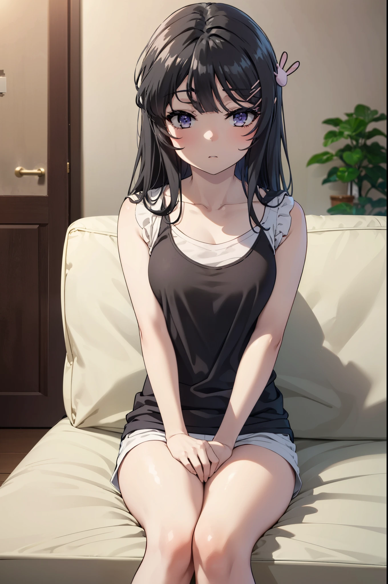 maisakurajima, Mai Sakurajima, Long Hair, bangs, (Black Hair:1.5), hair ornaments, (Purple eyes:1.1), Sleepy eyes,、Open your mouth,Hair Clip, rabbit hair ornaments,Tank top shirt,Black string underwear,barefoot,Holding a coffee mug with both hands,Sitting on the sofa,
break indoors, room,
break looking at viewer, whole body,(Cowboy Shot:1.5),
break (masterpiece:1.2), highest quality, High resolution, unity 8k wallpaper, (figure:0.8), (Beautiful fine details:1.6), Highly detailed face, Perfect lighting, Highly detailed CG, (Perfect hands, Perfect Anatomy),