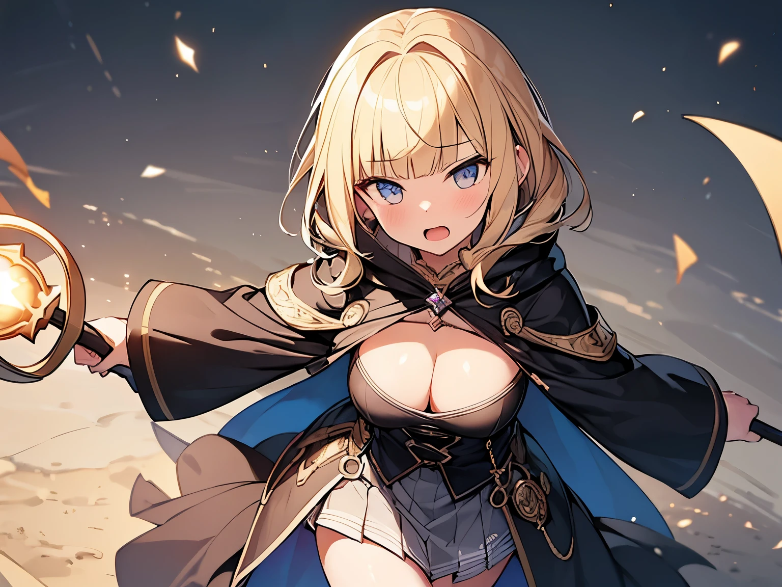 Masterpiece, Top quality, (1 beautiful girl), , Blonde, short Hair, Braided hair, wavy Hair, blunt bangs, standard weight, (very flat chest):1.6, cleavage, (very large dark sorceress long robe with hood):1.3, pleated skirt, angry, open mouth, with a magic staff, attacking with magic, beautiful scene of fantasy world, cowboy shot, from above, Clothes swaying in the wind