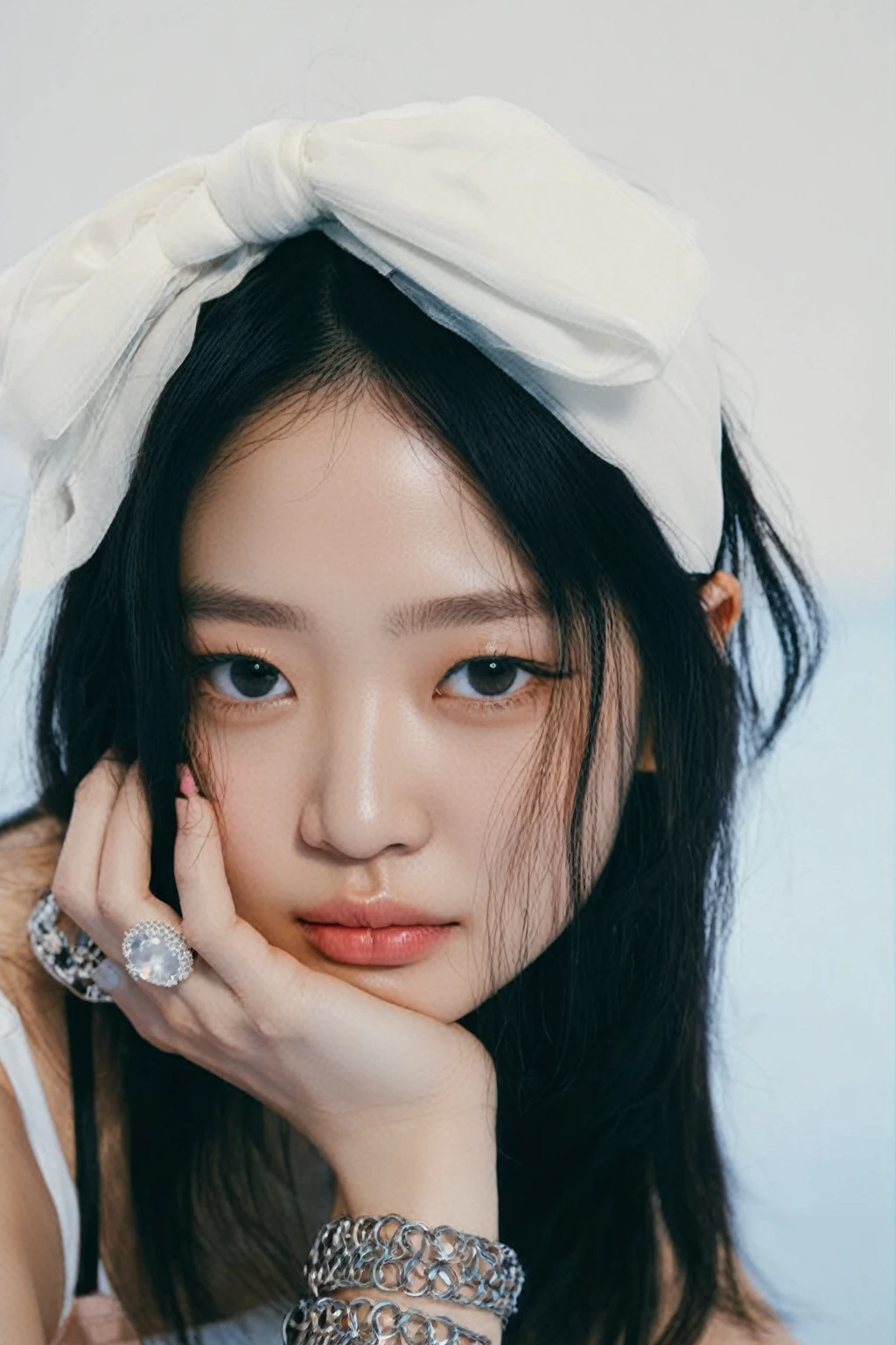 arafed asian woman with a white headband and a ring, jinyoung shin, Jennie rosa negra, portrait of jossi de blackpink, jaeyeon nam, jossi de blackpink, kim taejin, parque roseanne de blackpink, ulzzang, heonhwa choe, aparcar desde-min, lee ji - eun, lee ji-eun, joven y adorable rostro coreano , Ive wonyoung , blackpink Jennie