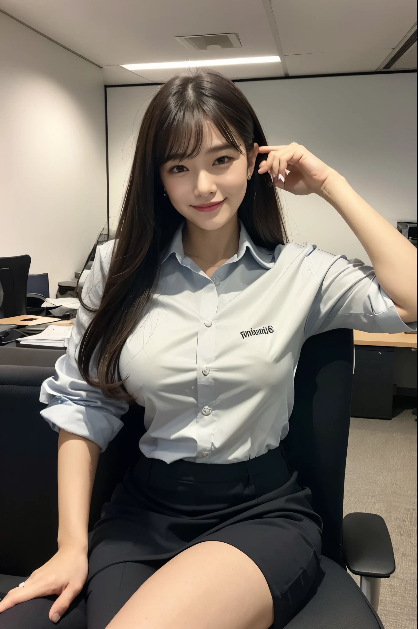 (Natural background), masterpiece, highest quality, shape, Very detailed, finely, High resolution, 8k wallpaper, 完璧なダイナミックな構shape, finelyて美しい目, Big Breasts, Natural color lip, Random pose, smile, ((office)), Beautiful woman、Full Body Shot, ((working office uniform)), (dark), Thinking Ahead, Sit on a chair