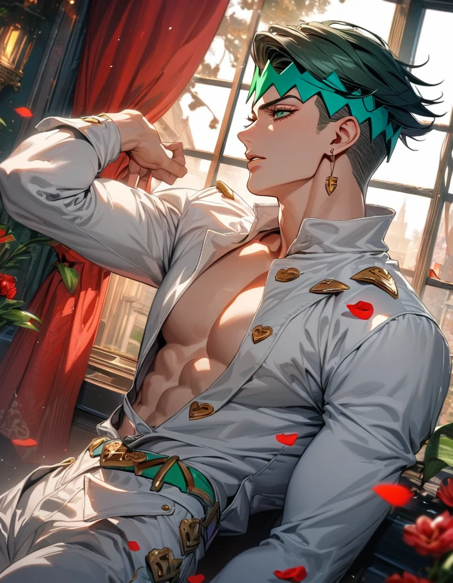 absurdres, highres, ultra detailed, HDR, master piece, best quality, Kishibe Rohan, dark green hair, expressive green eyes, jojo bizarre adventure, solo, sexy man, handsome, white clothes, toned chest, window, moon, petals, flowers, red curtains