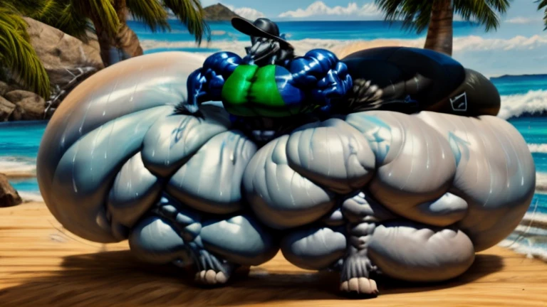 4k, high resolution, best quality, perfect lightning, perfect, solo, anthro, young, boy,white wolf:2.0, furry body, (fluffy mane:1.2), fluffy tail, male, adult, (bulky2:0, thick muscles2:0, huge muscles:2.0, hyper muscles:2.0), (thick biceps, veiny biceps, broad shoulders:2.0), (thick legs, thick calves:1.1), (digitigrade legs, 4 toes:1.2), perfect colors, (photorealistic fur, detailed fur, epic, masterpiece), (suggestive posing:1.2), (seductive smile, lustful grin 1.3), detailed beach,detailed wolf eyes:2.0, by k0suna, by darkgem,nipple ring,hyper arms:2.0,veins,white body,white fur,hyper butt:2.0,hyper paws:2.0,standing,thick legs,thick butts:2.0,sweat body:2.0,massive butt:2.0,black hat,hyper ass:2.0,huge ass,long legs,juicy butt:2.0,butt like a mountain,butt with colorful patterns:2.0,wide butt,hyper wide butt