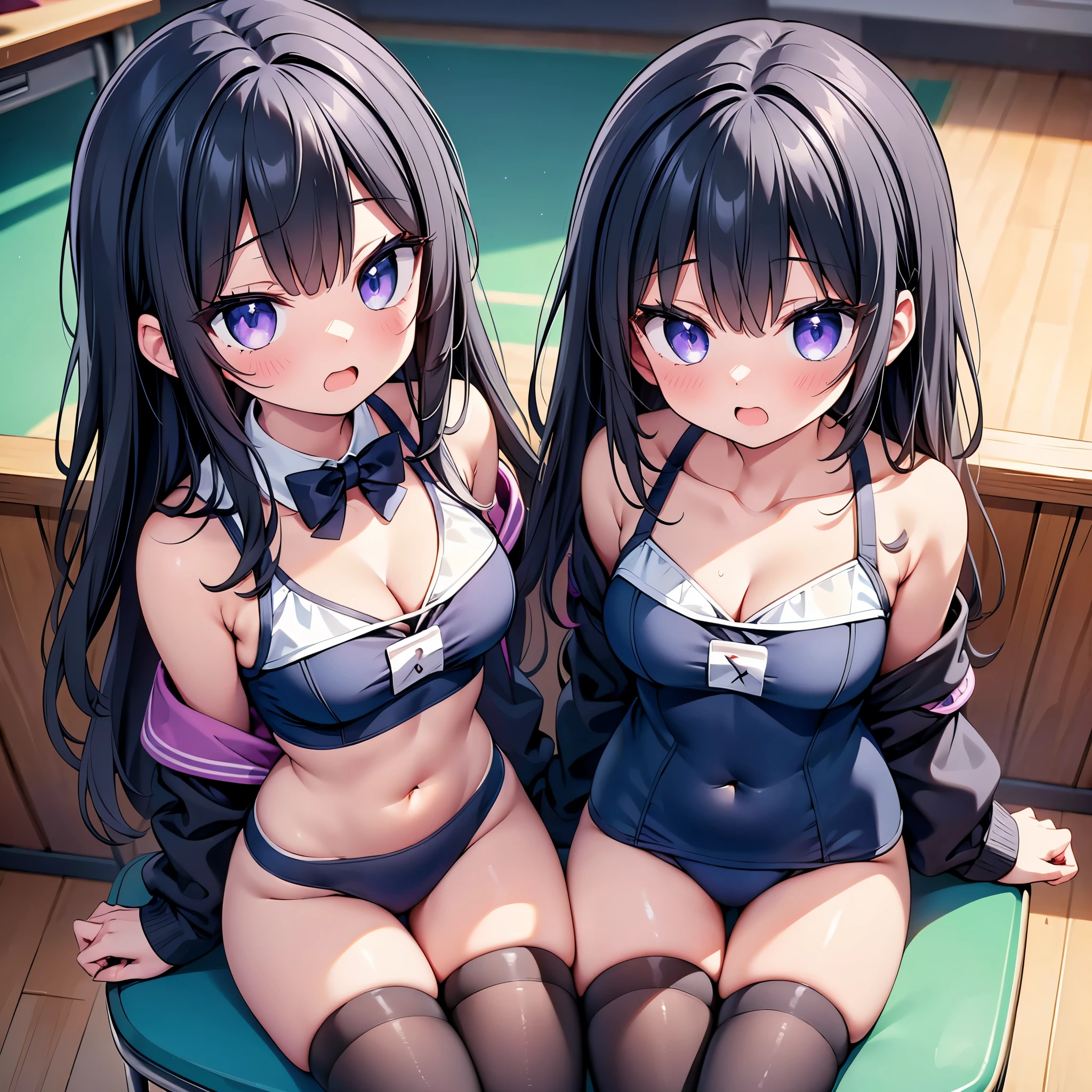 (cute eyes:1.2), (sparkling eyes:1.2), (8K、Best image quality、highest quality、masterpiece)、Detailed face、(2 girls)、Improve、(Black Hair, Purple Eyes, long hair)、(open mouth), (embarrassed), (skinny body:1.3),(small breasts), (Off shoulder school swimsuit:1.2), (cleavage), (crop top navel), Sit on a chair, Classroom Background, (black stockings:1.1), (Thighs:1.1), (Waistline:1.1),(close-up shot of bust), (from above:1.2)