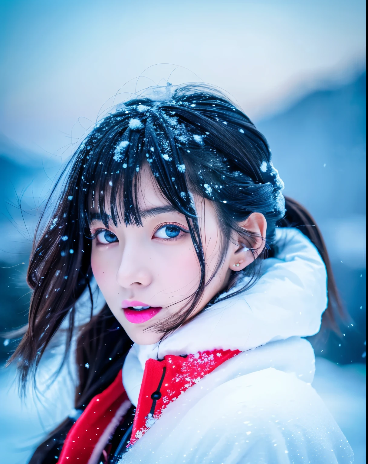 (highest quality, 8k, High resolution, masterpiece:1.5, ), Beautiful Japanese Girl, Snow Girl, 20-year-old, Perfect Human Anatomy, Big magic eye, Serious expression, Detail of windblown black hair, Long hair that shines like the aurora, Asymmetrical bangs, Smooth and soft white skin, ((White kimono)), High-quality fabric, (Colorful glowing snow effect:1.3), ((Snowy mountains in a blizzard)), Professional Lighting, Professional Photographer, Professional Model
