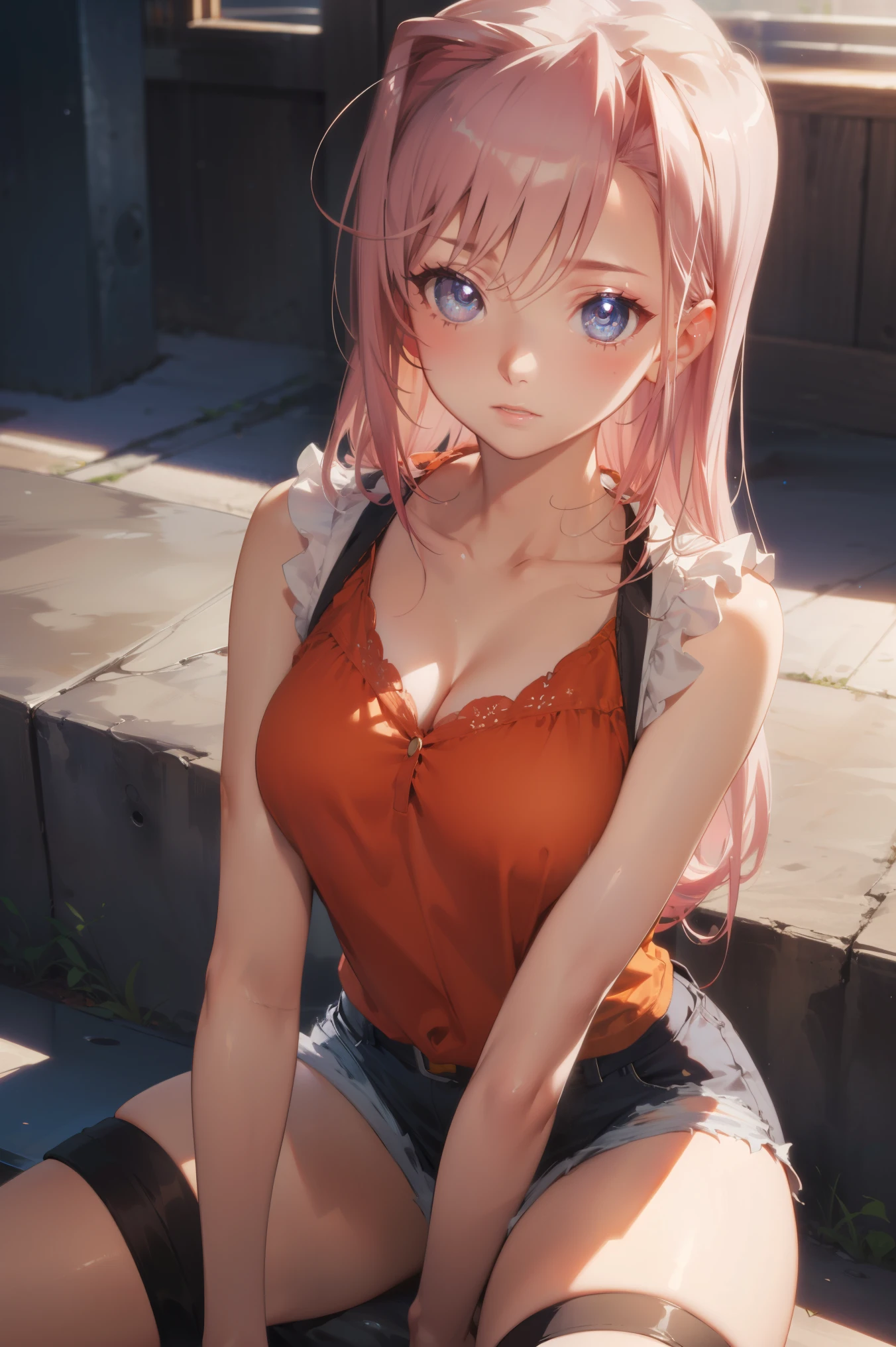 1woman,1girl ,charlotte_hazelrink, pink hair, long hair, very long hair, blue eyes,purple eyes, 
BREAK (orange shirt, sleeveless,collarbone, shorts:1.2),
BREAK (soft focus, telephoto shot, over the knee shot, flashy pose),
BREAK (masterpiece:1.2), best quality, high resolution,NSW ,unity 8k wallpaper, (illustration:0.8), (beautiful detailed eyes:1.6), extremely detailed face, perfect lighting, extremely detailed CG, (perfect hands, perfect anatomy),