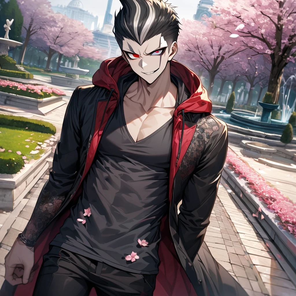 Ultra detailed, Highres, absurdres, HDR, Tanaka Gundham, black hair, heterochromia, expressive right red eye, left eye is gray, black long coat with patterns with a hoddie, Danganronpa, pink flowers, petals, handsome, sexy man, solo, very detailed eyes and face, park, fountain, black pants, cherry blossoms, black tight t-shirt, master piece, smirking, toned chest,
