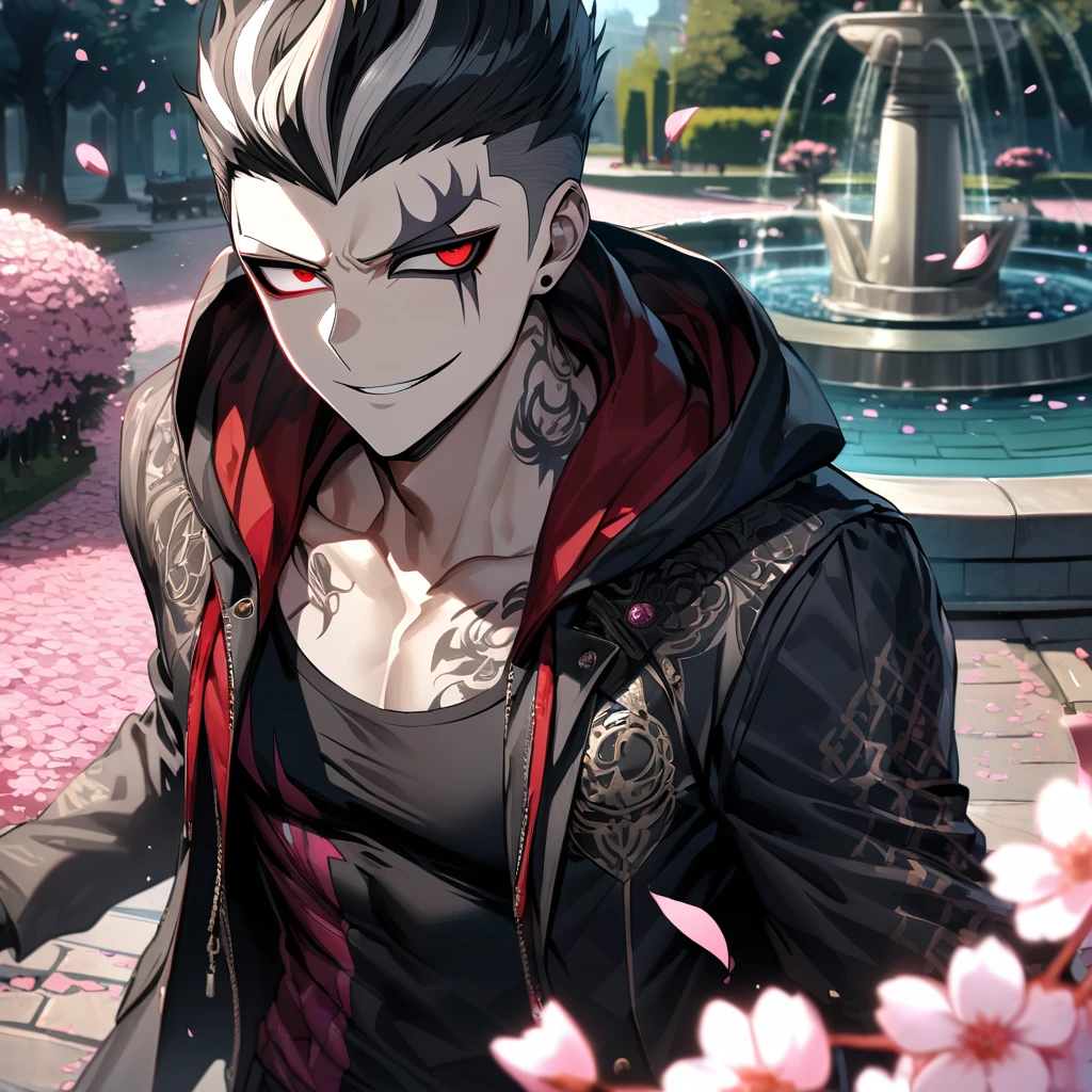 Ultra detailed, Highres, absurdres, HDR, Tanaka Gundham, black hair, heterochromia, expressive right red eye, left eye is gray, black long coat with patterns with a hoddie, Danganronpa, pink flowers, petals, handsome, sexy man, solo, very detailed eyes and face, park, fountain, cherry blossoms, black tight t-shirt, master piece, smirking, toned chest,