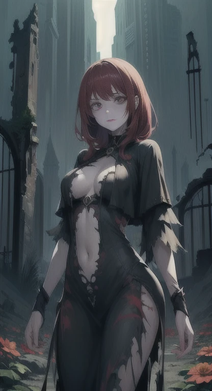 masterpiece, best quality, solo, mythical empress, flower hair, red eyes, red hair, torn clothes, undead, pale, scarred skin, female creature, castle ruins,