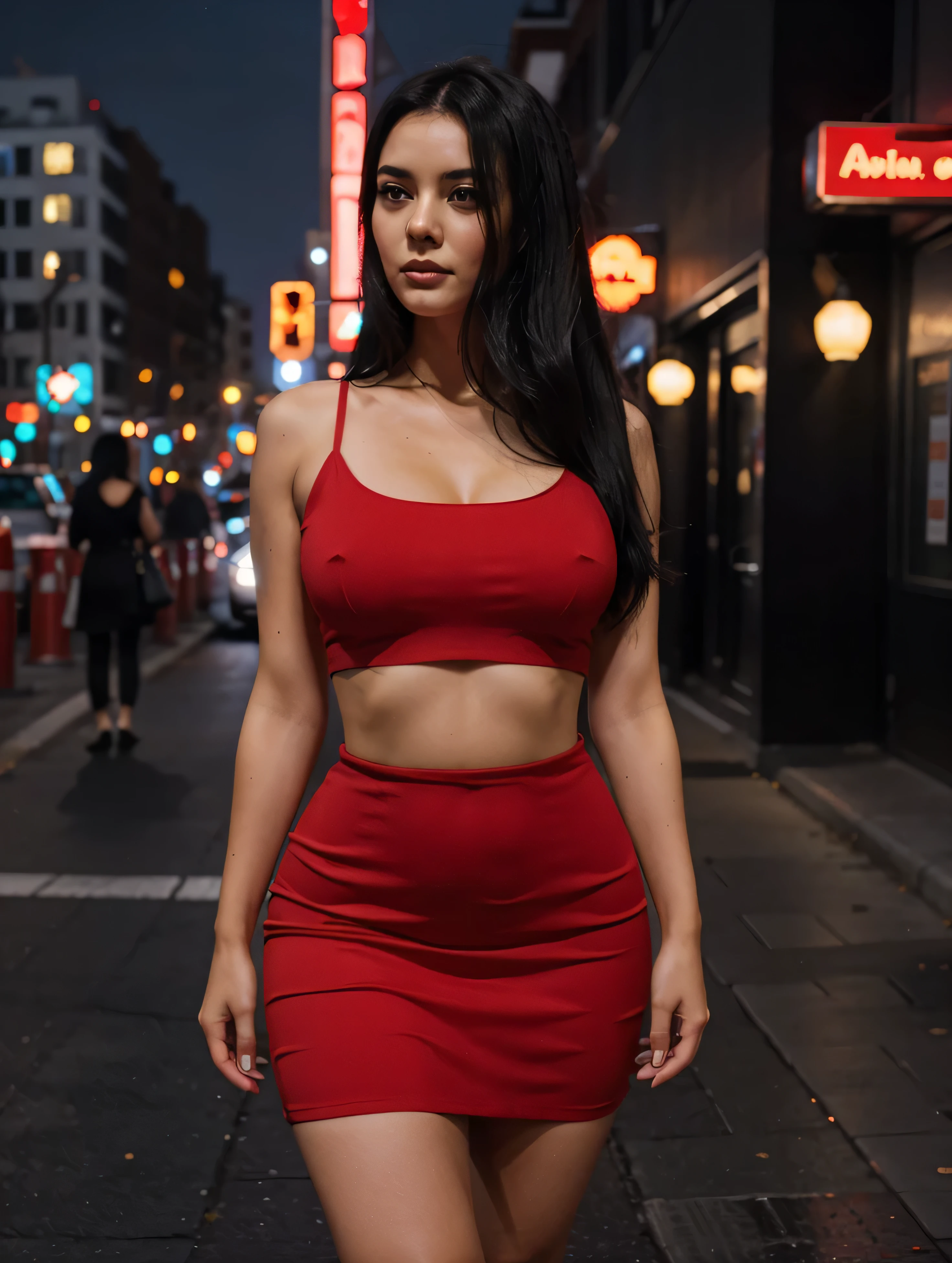 woman, black hair, red dress, wide hips, looking at the camera, night city background