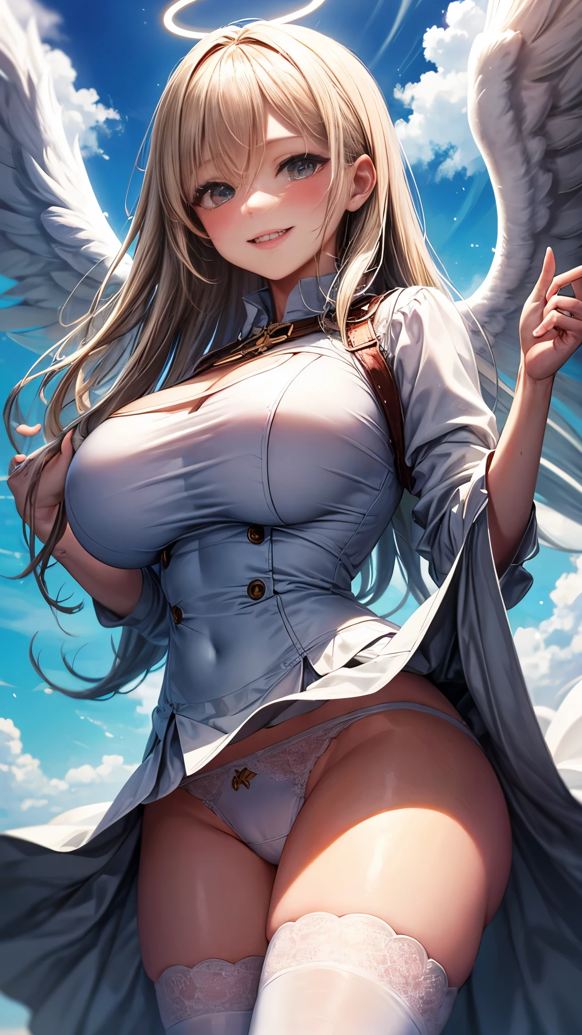 highest quality,masterpiece,8k,1girl,(((((()))))),((big breasts:1.3)),smile,blush, sweat,blonde hair,long hair,((fantasy,angel,wing:1.1)),halo,white dress,mini skirt,lift skirt,upskirt,white panties,white thighhighs,lift skirt,upskirt,white panties,midair, in sky, blue sky, clouds,revealing clothes