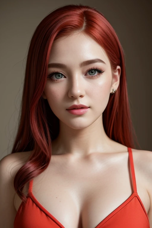 Mandy Lee, the American singer from the pop band MisterWives, with a wide face and fiery red hair, has freckled skin, a prominent flat nose, perfectly shaped breasts, and a flat stomach with a belly button. (best quality,4k,8k,highres,masterpiece:1.2), ultra-detailed, (realistic,photorealistic,photo-realistic:1.37), portraits, vivid colors, vibrant warm tones, studio lighting, beautiful detailed eyes, beautiful detailed lips, extremely detailed face, long eyelashes.