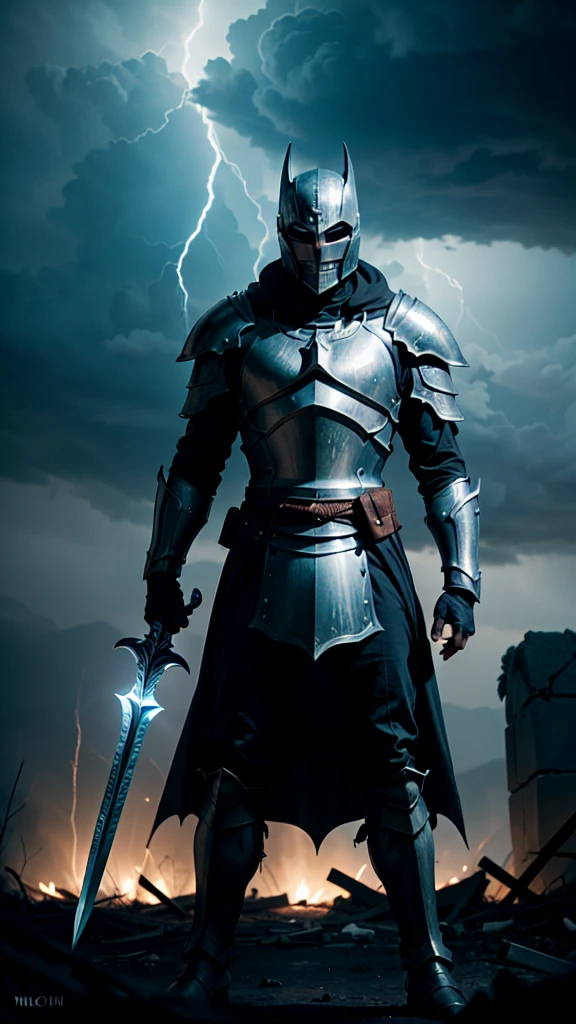 A noble Paladin Knight in the style of batman, clad in shining silver armor and wielding a gleaming longsword, stands amidst the ruins of a chaotic medieval city. Overhead, a storm rages, lightning illuminating the dark sky behind the determined knight, as he prepares to deliver swift justice to those who prey on the innocent. The knight's face is stoic, reflecting his unwavering commitment to protect the helpless and bring retribution to those who would do harm. The scene is epic, gritty, and full of tension, a cinematic masterpiece capturing the Paladin Knight's fierce dedication to upholding law and order in a world consumed by chaos. drawing, close-up, hard lighting, short lighting technique, spooky vibe, dark fantasy, illustration, A masterfully crafted drawing of a noble Paladin Knight, styled as a dark fantasy version of Batman, standing tall amidst the ruins of a medieval city during a stormy night. Clad in gleaming silver armor and wielding a gleaming longsword, he is a beacon of hope amidst the chaos. Lightning illuminates the dark sky, casting dramatic shadows as he prepares to deliver swift justice to those who prey on the innocent. His stoic face reflects his unwavering commitment to protect the helpless and bring retribution to the wicked. The scene is epic, gritty, and full of tension, capturing the Paladin Knight's fierce dedication to upholding law and order in a world consumed by darkness. The close-up composition, hard lighting, and short lighting technique create a spine-chilling atmosphere, while the spooky vibe, illustration, dark fantasy