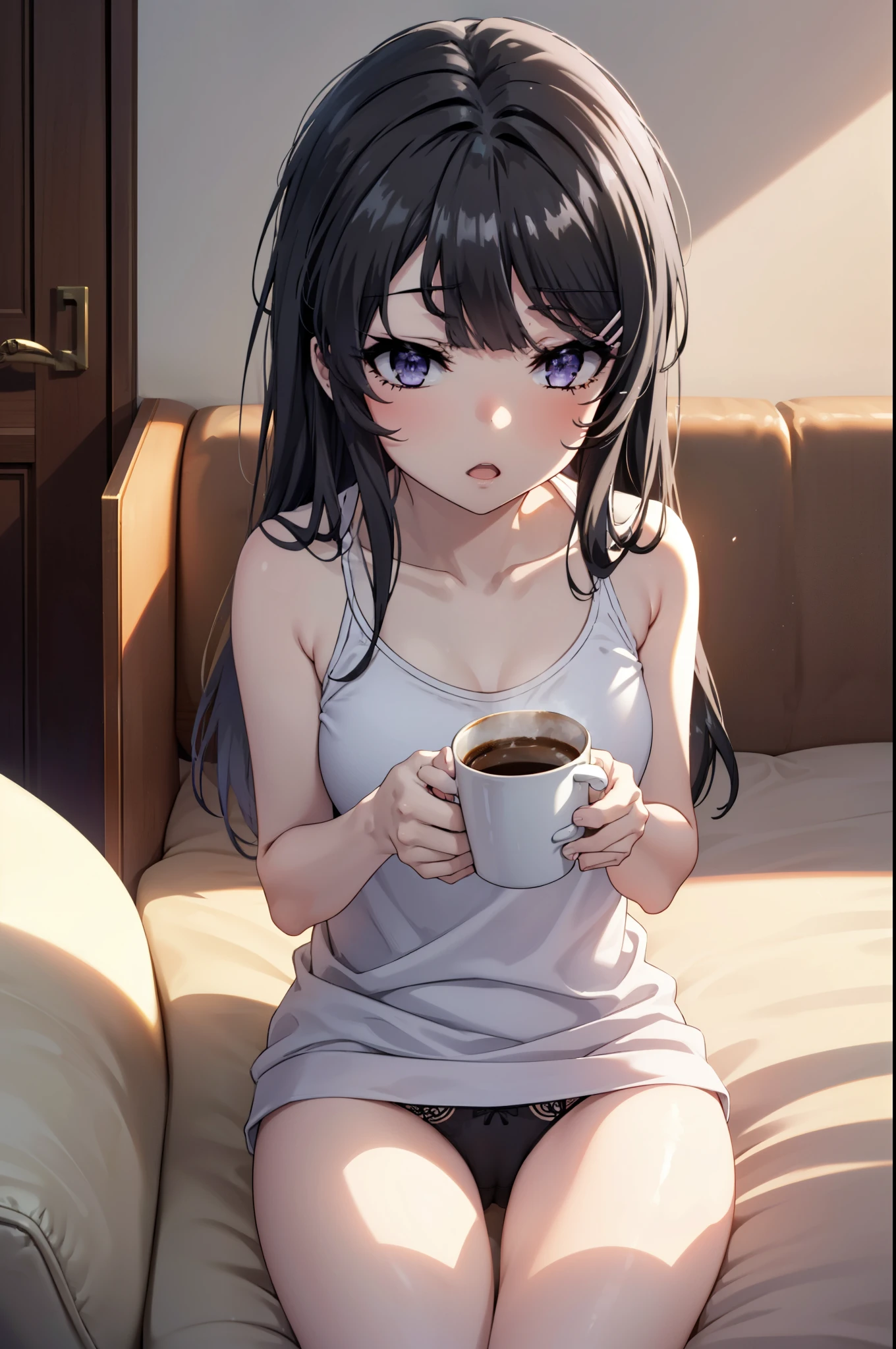 maisakurajima, Mai Sakurajima, Long Hair, bangs, (Black Hair:1.5), hair ornaments, (Purple eyes:1.1), Sleepy eyes,Open your mouth,Tank top shirt,Black string underwear,barefoot,Holding a coffee mug with both hands,Sitting on the sofa,
break indoors, room,
break looking at viewer, whole body,(Cowboy Shot:1.5),
break (masterpiece:1.2), highest quality, High resolution, unity 8k wallpaper, (figure:0.8), (Beautiful fine details:1.6), Highly detailed face, Perfect lighting, Highly detailed CG, (Perfect hands, Perfect Anatomy),
