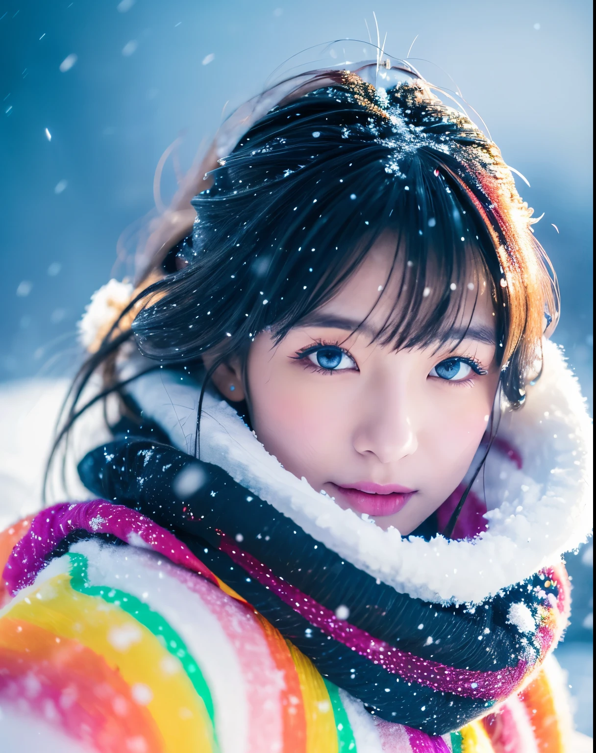 (highest quality, 8k, High resolution, masterpiece:1.5, ), Beautiful Japanese Girl, Snow Girl, 20-year-old, Perfect Human Anatomy, Big magic eye, Serious expression, Detail of windblown black hair, Long hair that shines like the aurora, Asymmetrical bangs, Smooth and soft white skin, ((White kimono)), High-quality fabric, (Colorful glowing snow effect:1.3), ((Snowy mountains in a blizzard)), Professional Lighting, Professional Photographer, Professional Model