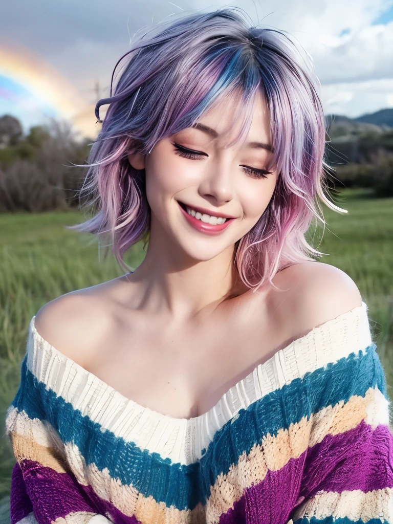 woman, messy hair, bedhead, bed hair, rainbow hair, outdoors, breasts, off the shoulder sweater, grin, teeth, eyes closed, happy, cute, makeup, lipstick