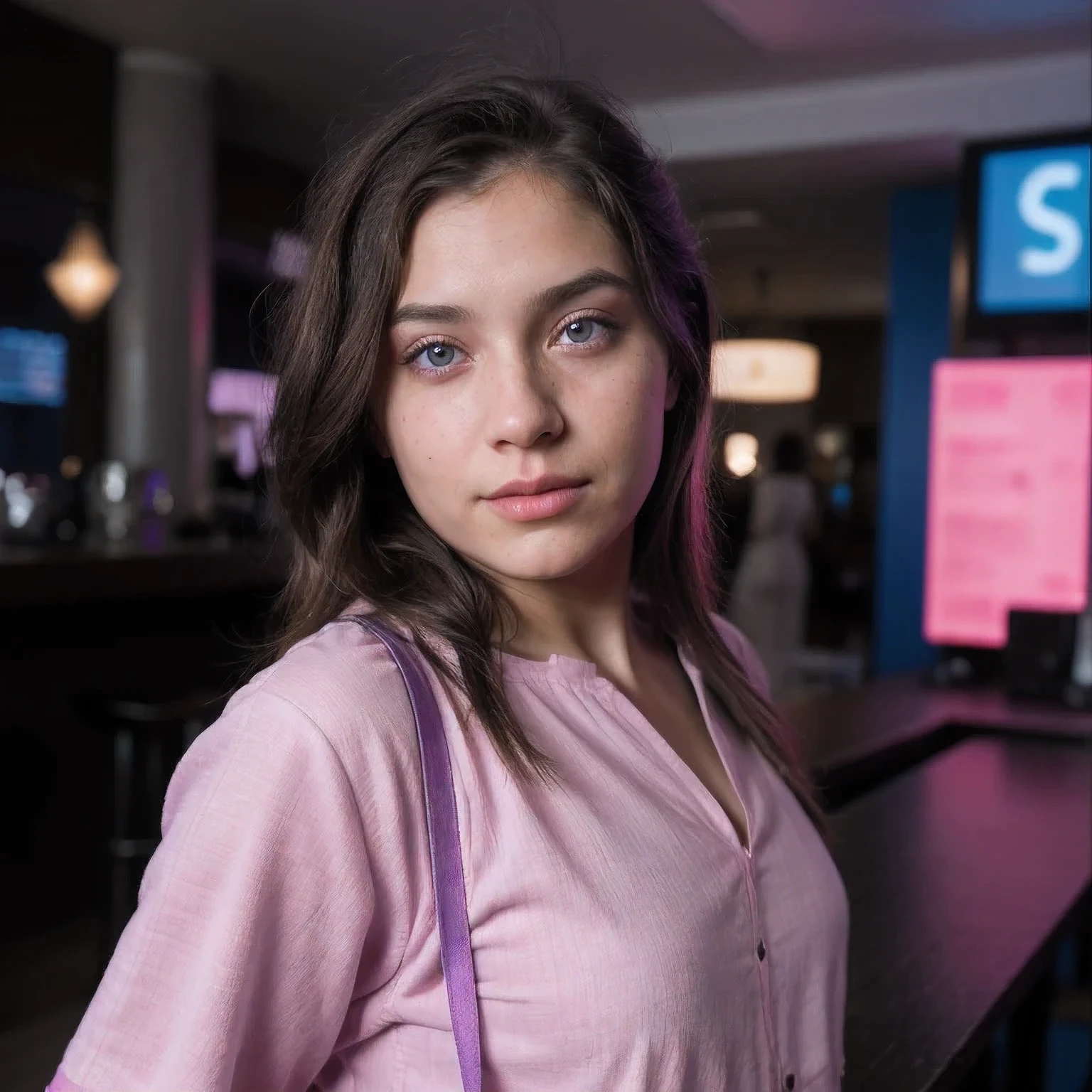 photo of a college student,9 years old, in Purple Pink, futuristic cotton and linen, (freckles:0.8) cute face, sci-fi, dystopian, detailed eyes, cobalt blue eyes((Side view))Disco bar