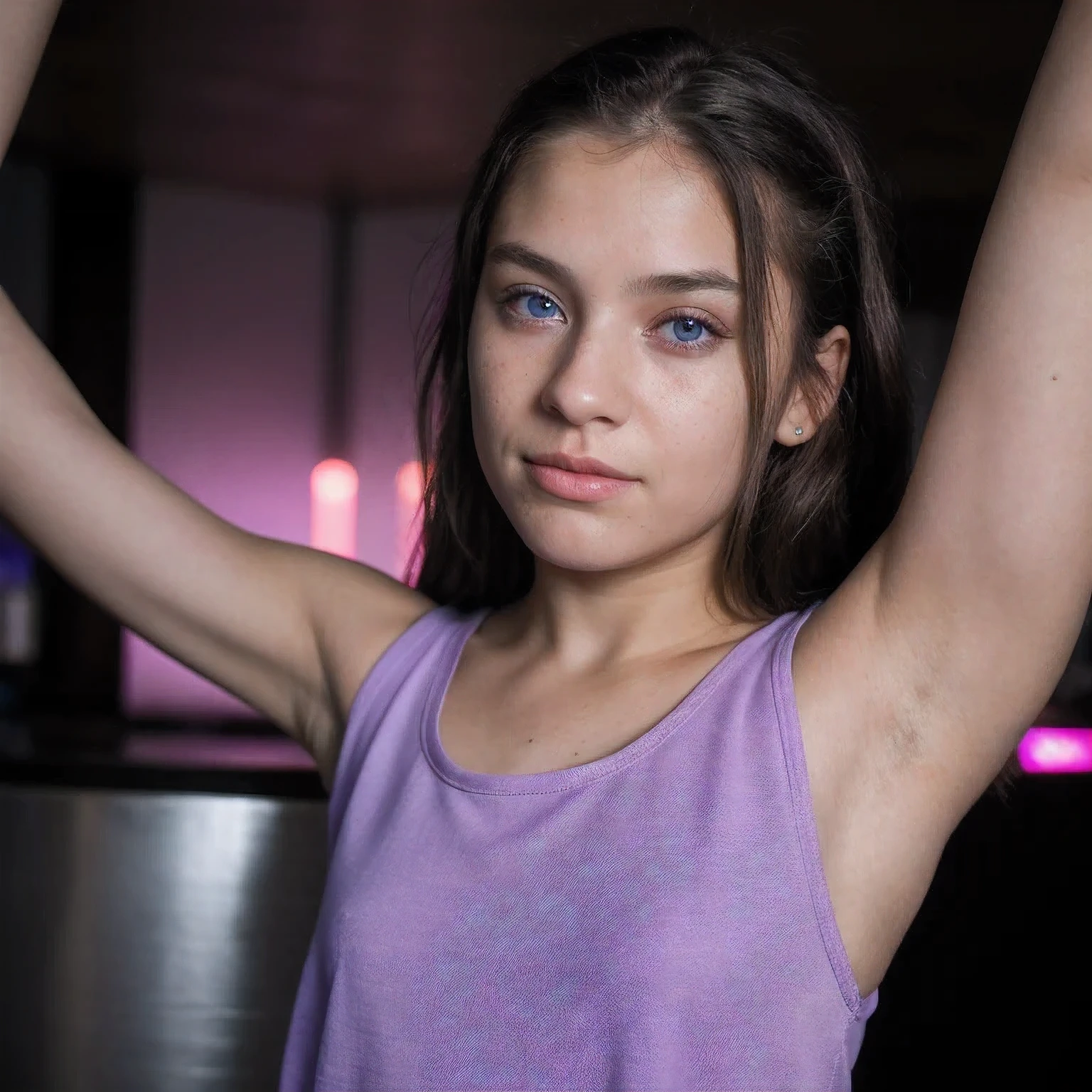 photo of a college student，9 years old, in Purple Pink, futuristic cotton and linen, (freckles:0.8) cute face, sci-fi, dystopian, detailed eyes, cobalt blue eyes（（Side view））Disco bar