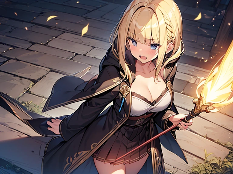 Masterpiece, Top quality, (1 beautiful girl), , Blonde, short Hair, Braided hair, wavy Hair, blunt bangs, standard weight, (very flat chest):1.6, cleavage, (very large dark sorceress long robe with hood):1.3, pleated skirt, (angry):1.2, open mouth, (magic staff), attacking with magic, beautiful scene of fantasy world, cowboy shot, from above, Clothes swaying in the wind