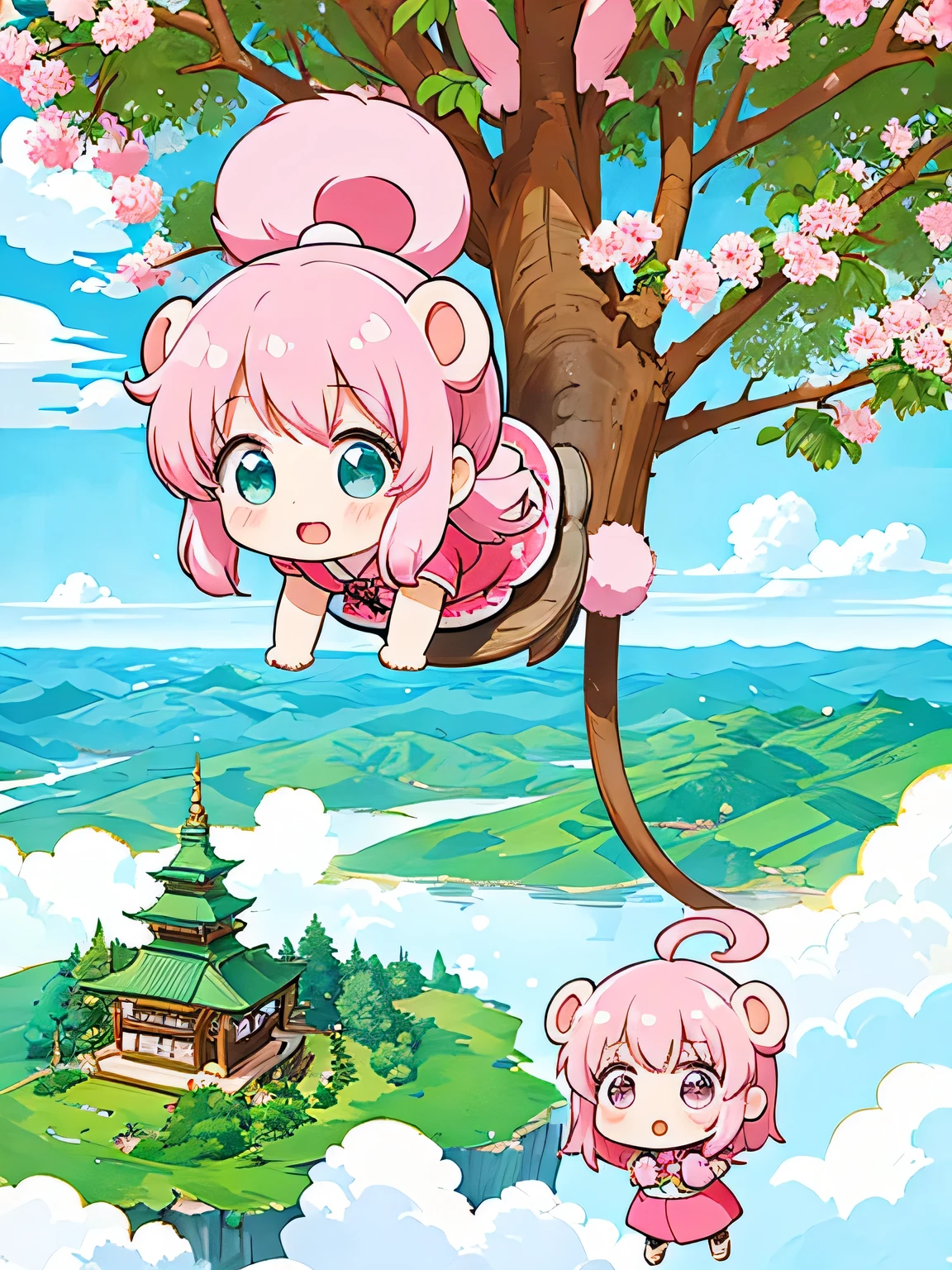 Momoko Sakura Style, Kawaii Design, Chibi girl monkey, monkey Forest, Above the Clouds, Carrying you