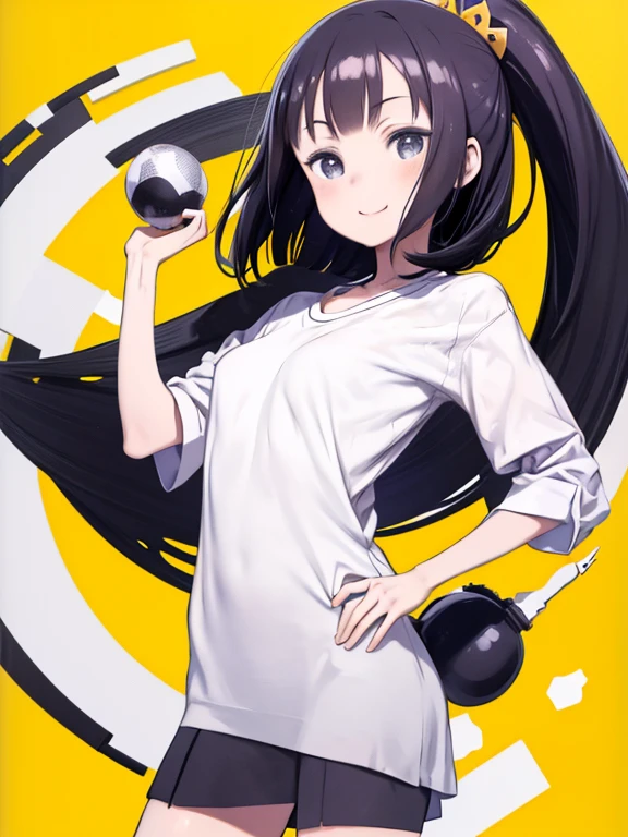 Anime girl with black hair and a white shirt standing in front of a yellow background、masterpiece, One girl, alone, throw, Ayase Fuuka, nude, Front view, Bust Shot, walk, Happy, Leg spread, Cowboy Shot,, smile, grayscale, Monochrome, Halftone, design, manga, otoyomegatari, Face Focus, classroom,