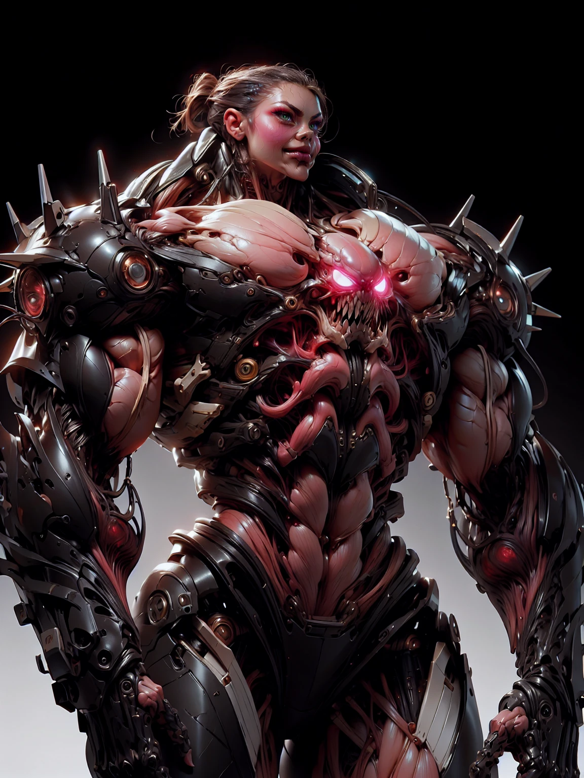 (1 girl), (cara delevingne), (muscular android girl wearing a black anatomic cybernetic muscle suit:1.25), (wide shoulders:1.25), (muscular defined physique:1.25), perfect hands, long hair, large breasts, high resolution image, extreme detail, blank background
