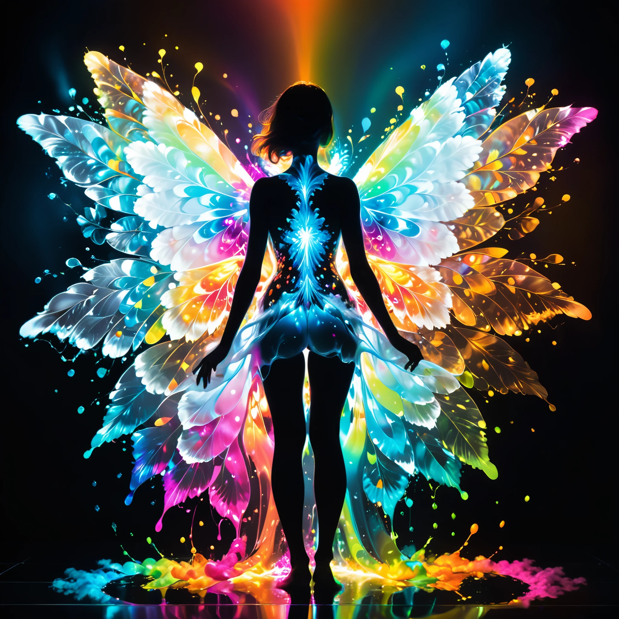 (in style of Nick Veasey:0.6),(blurred butterfly wings:0.7),a (slender:0.3) ((handsome woman silhouette wrapped in liquid splash made of shiny volumetric Mandelbrot printed on fluffy fur)),glossy,extreme color mixing,divergent light,shiny,vibrant colors,(reflective),volumetric,(angelic aura:1.4),casts bright colorful highlights,refractions,best quality,partially translucent,sharp clear art,self-illuminating,inner glow,((lighting bloom effect)),divine,reflective floor,
a blurred sense of borders,the wings blend in with the background,circular composition,