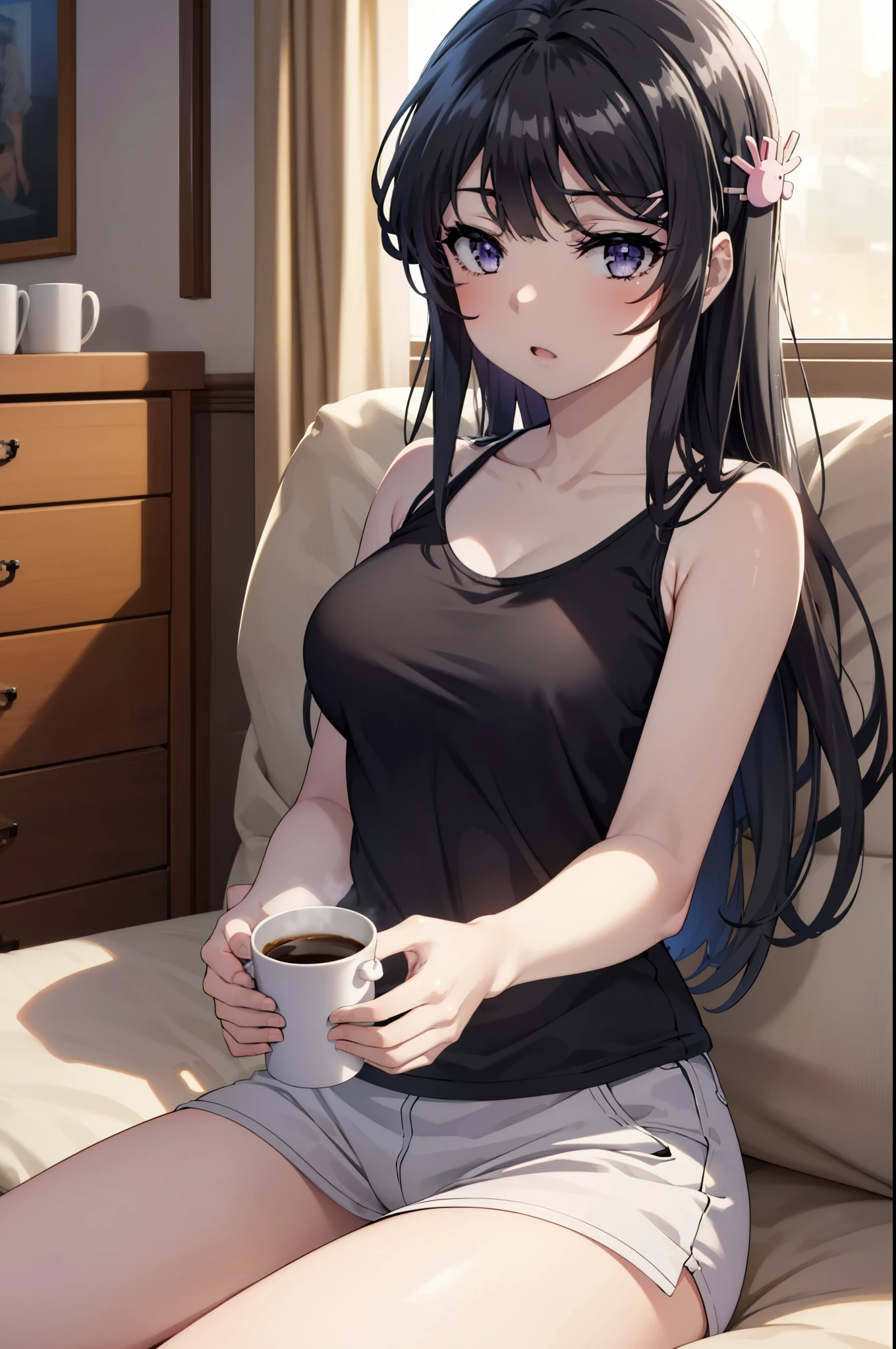 maisakurajima, Mai Sakurajima, Long Hair, bangs, (Black Hair:1.5), hair ornaments, (Purple eyes:1.1), Sleepy eyes,Open your mouth,Tank top shirt,Black string underwear,barefoot,Holding a coffee mug with both hands,Sitting on the sofa,
break indoors, room,
break looking at viewer, whole body,(Cowboy Shot:1.5),
break (masterpiece:1.2), highest quality, High resolution, unity 8k wallpaper, (figure:0.8), (Beautiful fine details:1.6), Highly detailed face, Perfect lighting, Highly detailed CG, (Perfect hands, Perfect Anatomy),
