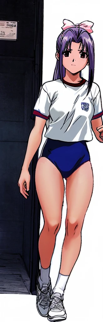 Momoko Koigakubo, a tall girl with beautiful legs, is running in a white gym uniform and a light-colored navy blue bloomer that looks like panties.。