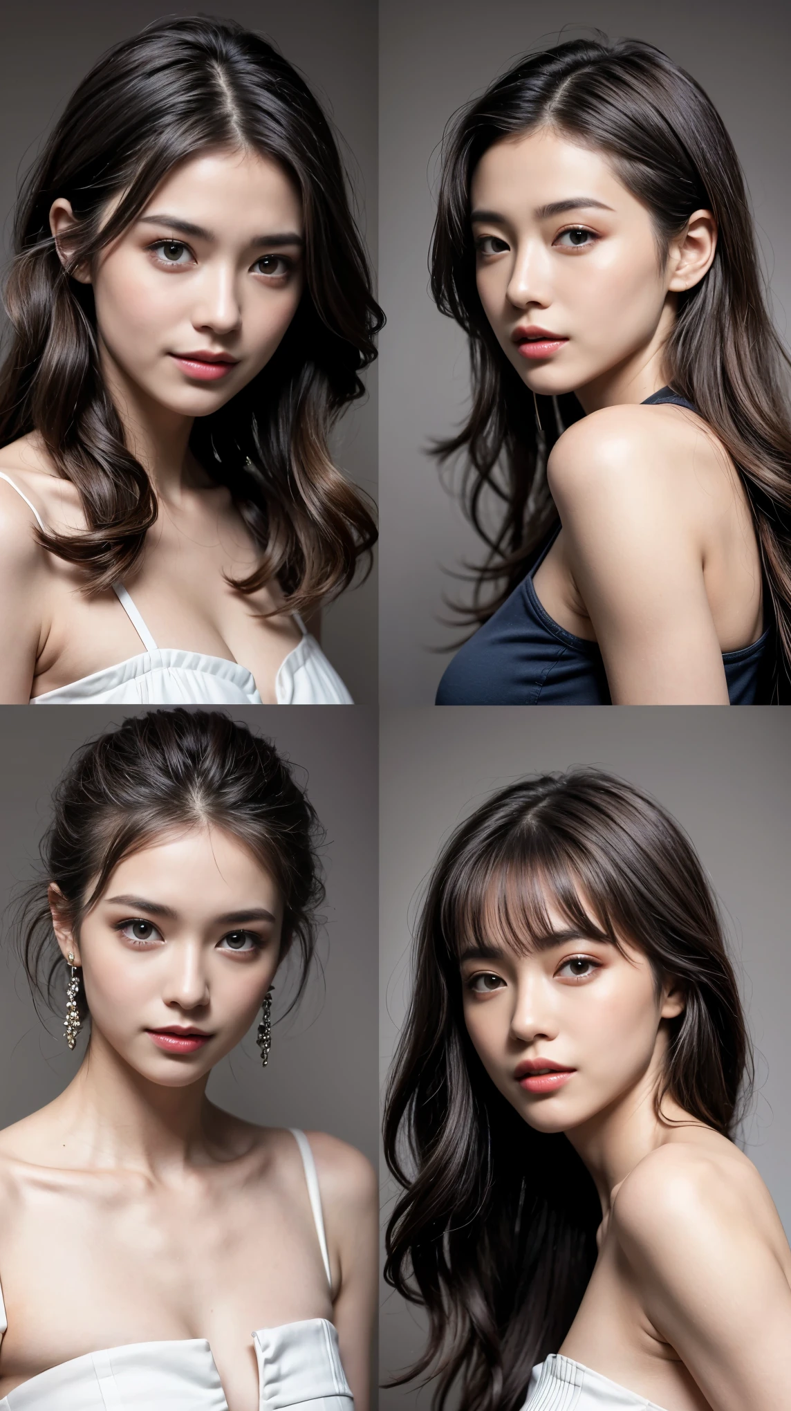 highest quality,masterpiece,Ultra-high resolution,Original photo,Ultra-high resolution，Three beautiful women，Flashy makeup using red eyeshadow，Big smile，Short cut with subtle side waves，Gray background，