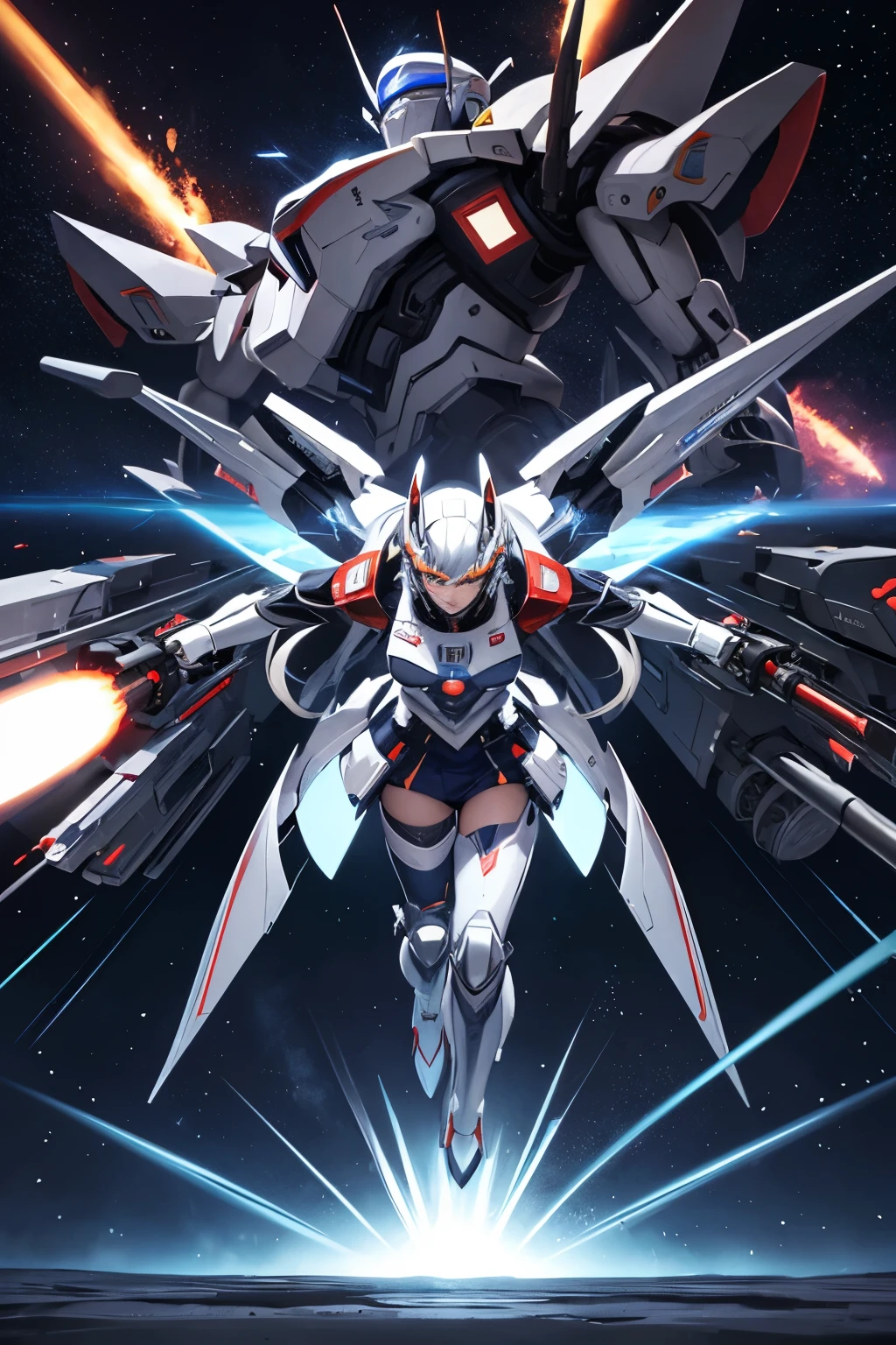 （（（highest quality、first-clasasterpiece、Normal body、8k、Detailed face、Ultra-precision、Normal hand、Normal finger、５Finger、）））Silver Hair、Machine Angel、Large mechanical wings、Large booster、Large thruster、Visor Helmet、Thought-guided remote-controlled weapon、Funnel、Bit Weapon、Full Armor、Beam rifle、Beam Shooting、Running through space、Full boost、Beam Sword、Fighting space monsters、Variable Beam Launcher、multi missile、Mega Beam Cannon、In combat、Dogfight、High Maneuver、Space War、fleet battle、Destroy enemy ships、High mega particle cannon firing、ultimate weapon、Multi-warhead missiles、Full burst、All-at-once sweep、Breaking the Limits、critical point breakthrough、Charged particle cannon、Meteors、Super Robot
