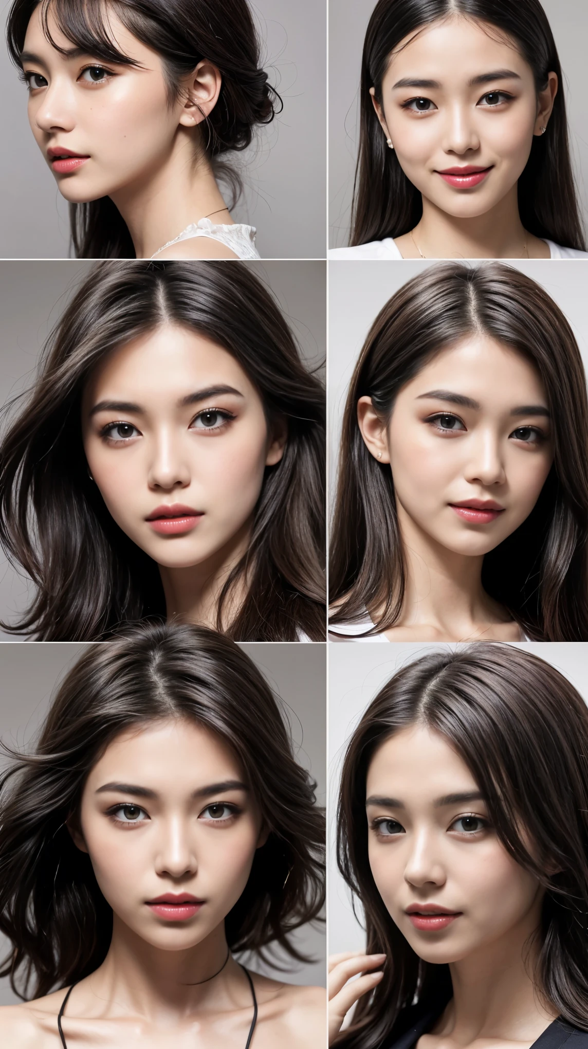 highest quality,masterpiece,Ultra-high resolution,Original photo,Ultra-high resolution,Three beautiful women,Flashy makeup using red eyeshadow,Big smile,Short cut with subtle side waves,Gray background,