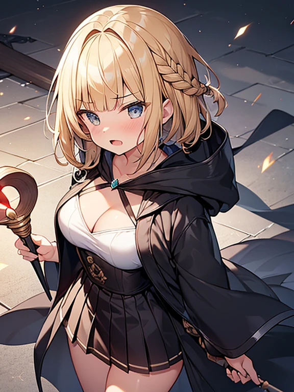 Masterpiece, Top quality, (1 beautiful girl), junior high school student, Blonde, short Hair, Braided hair, wavy Hair, blunt bangs, standard weight, (very flat chest):1.6, cleavage, (very large dark sorceress long robe with hood):1.3, pleated skirt, (angry):1.2, open mouth, (magic staff), attacking with magic, beautiful scene of fantasy world, cowboy shot, from above, Clothes swaying in the wind