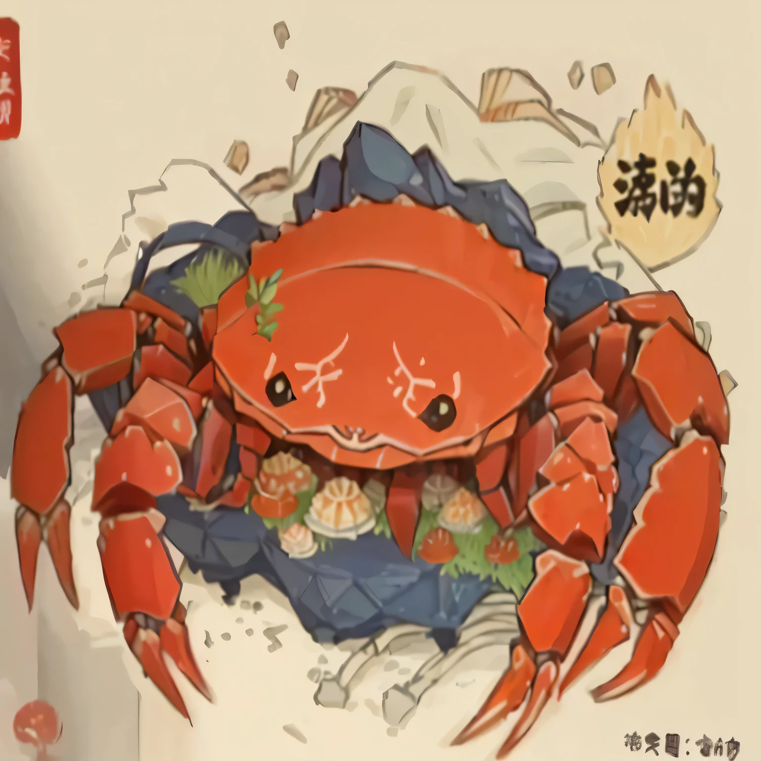 there is a Crab with a basket of food on it, Crabcore, headCrab, Crab monster, anthropomorphic Crab, giant Crab, Traditional Japanese concept art, Crustaceans, Crabs, Otsutsuki Momoshiki, hermit Crab titan, ❤🔥🍄🌪, Japanese cartoon style, Crab, tiger - Crab creature