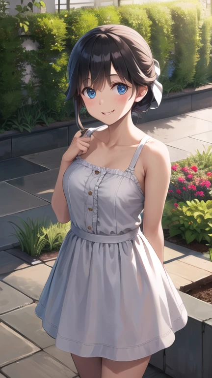 Obra maestra, mejor calidad, high resolution, 1 chica, solo, pelo largo, pelo rubio, Cinta para el pelo, golpes, blue eyes, de pie, tiro de vaquero, vestido de novia, vestido blanco, sonrisa, boca abierta, sosteniendo ramo, garden, Papel picado,