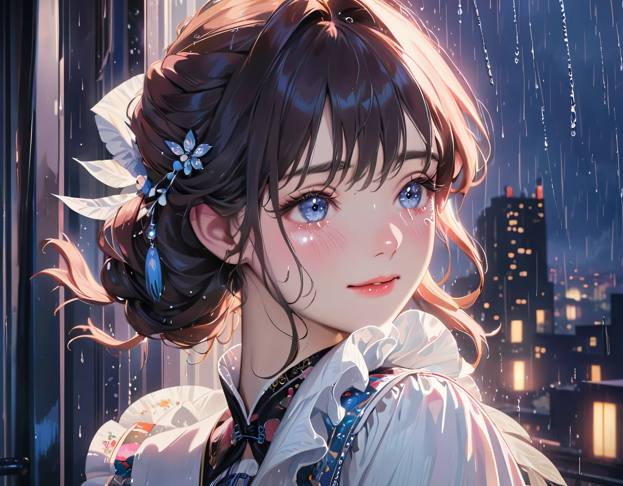 best quality, highres, ultra-detailed, realistic:1.37, vibrant colors, portrait, soft lighting, long eyelashes, sparkling eyes, glossy lips, detailed skin, retro pattern, pastel colors, ((smile while crying1.2)), ((shedding tears:2.0),, ((sad look:1.8)),, dreamy atmosphere, elegant pose, nostalgic vibes, glittering highlights, flawless complexion, 80s style fashion, retro hairdo, pink blush, delicate features, diamond-like eyes,((rain squall:2.8)),((high rise residential building Dark city silhouette background:2.0))