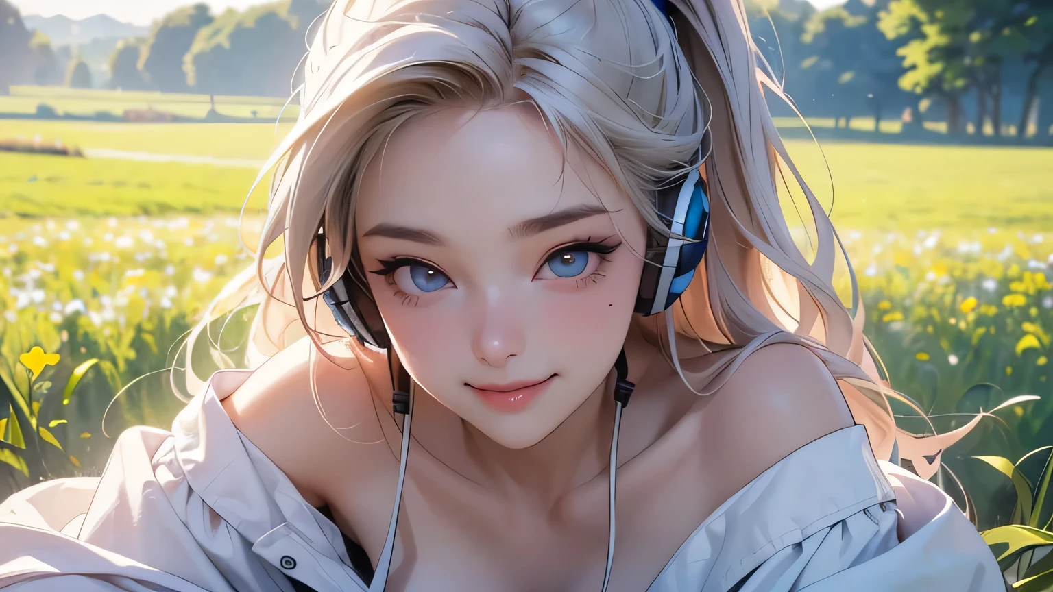 ((face, style)).(Upper body portrait:1.5)((masterpiece:1.5))((alone、Huge headphones:1.5、Woman in hoodie、Shorts、Detailed face、Big Eyes、Bright expression、small breasts, cleavage、Best Looks、Ultimate beauty、Shiny silver hair with highlights、明るい and shiny hair,、Modern Hairstyles、Hair dancing in the wind))(morning、indoors)Please look away from here、Beautiful profile