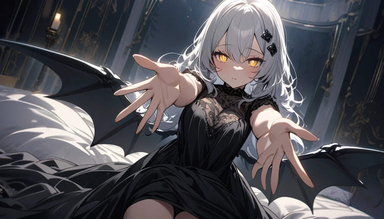 A woman, flowing white hair, melancholy eyes, yellow pupils, black diamond-shaped hairpin, tattered black dragon wings sprouting from her back, moonlight, arms up, incoming hug, pov, reaching, reaching towards viewer, looking at viewer, cowboy shot, dutch angle, lying down, a big fluffy and soft black silk bed, Luxurious and luxurious bedrooms, lying down,