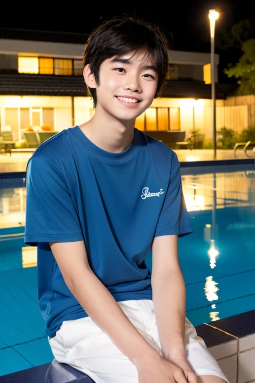 (masterpiece,highest quality,)Being in the night pool、Japanese high school boy、Wearing short sleeves and long pants, with a round, smiling face