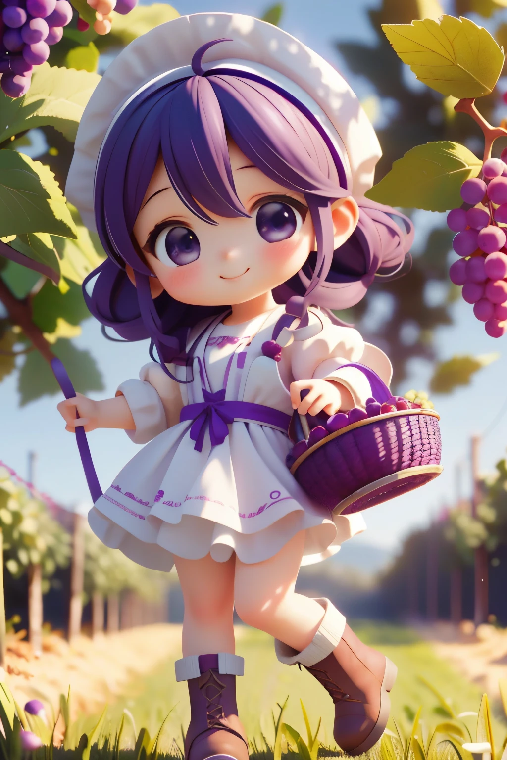 Octane Render、(Hyper-detailing: 1.15)、(Soft light、sharp: 1.2)、Baby Face、morning、Harvesting grapes, Enjoy grape picking、full body Esbian、Distinctive ethnic hair ornaments、Farm Boots、 Fuji Film, F/4.0, masutepiece, Anatomically correct、A smile, radiant light