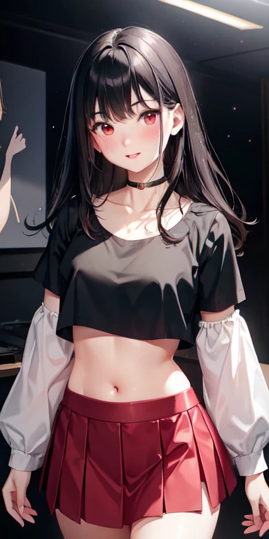 1girl, parted lips, blush, makeup, light smile, black hair, red eyes, crop top, skirt, light rays, glow, thighs, collarbone, narrow waist, (masterpiece), wallpaper,