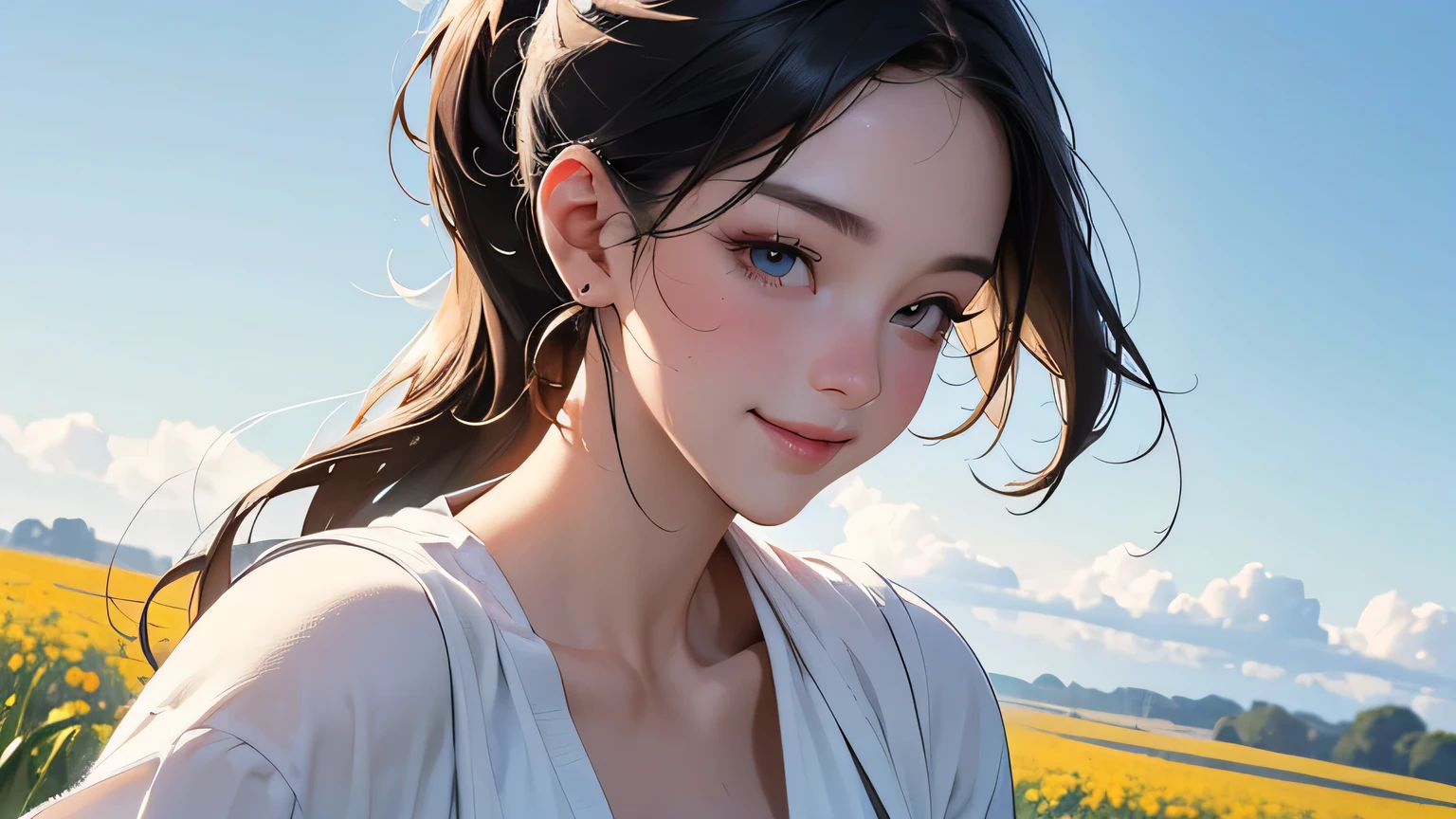 (8k, RAW photo, highest quality, masterpiece), high resolution RAW color photo, upper body, black hair, ponytail, white headphones, motionless, professional close-up, dynamic fist pump (realistic, photorealism: 1.37), (highest quality ), (Best Shadows), (Best Illustrations), Clavicle ((Large)), ((Erotic, Sexy, Ultra HD, High Quality CG Integrated 8K Wallpapers, Physically Based Rendering, Movie Lighting), Best Image Quality , amazing details, ultra-high resolution, (realism: 1.4), best illustrations, (maximum resolution: 1.2), (ultra-high resolution: 1.2), cinema light, 8K resolution, beautiful eyes and skin, detailed faces, perfect Style, Cute Face, Accurate, Anatomically Correct, Highly Detailed Face and Skin Texture, ((Best Quality, 8K, Masterpiece: 1.3)), Sharpness: 1.2, Perfect Body Beauty: 1.4, Big Chest, slim abs: 1.2, blush, clouds in the sky smiling at the viewer, chest, flushed cheeks, flowing hair. She must be wearing a crop top and shorts. It resembles a charming anime style. As for the image quality (best quality, 4K, 8K, high resolution, masterpiece: 1.2Nal photo, smile, smile like the sun, countryside with white headphones, fields, meadows, crop fields) , different types of flowers and plants, ((Farmer)), masterpiece, top quality, sharp focus, intricate details, perfection, golden ratio composition, 8K resolution, high resolution, beautiful, beautiful sky, vibrant pastel colors, bright colors