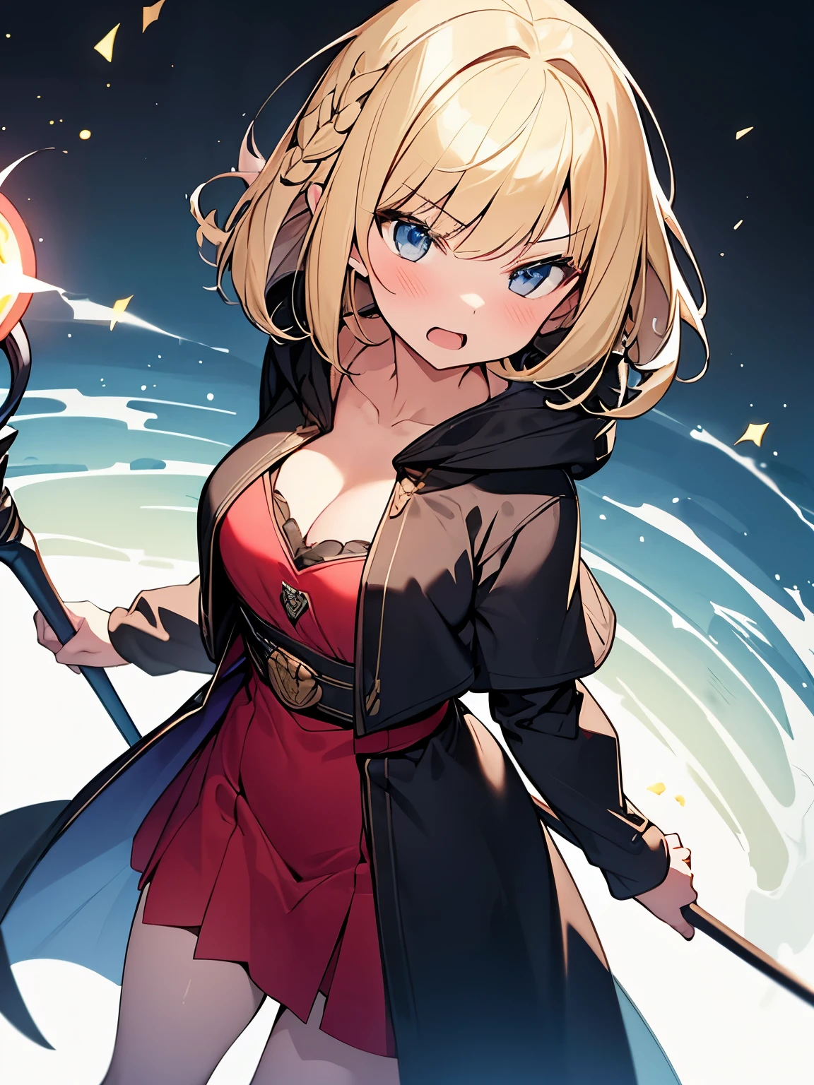 Masterpiece, Top quality, (1 beautiful girl), , Blonde, short Hair, Braided hair, wavy Hair, blunt bangs, standard weight, (very flat chest):1.6, cleavage, (very large dark sorceress long robe with hood):1.3, pleated skirt, (angry):1.2, open mouth, (magic staff), attacking with magic, beautiful scene of fantasy world, cowboy shot, from above, Clothes swaying in the wind