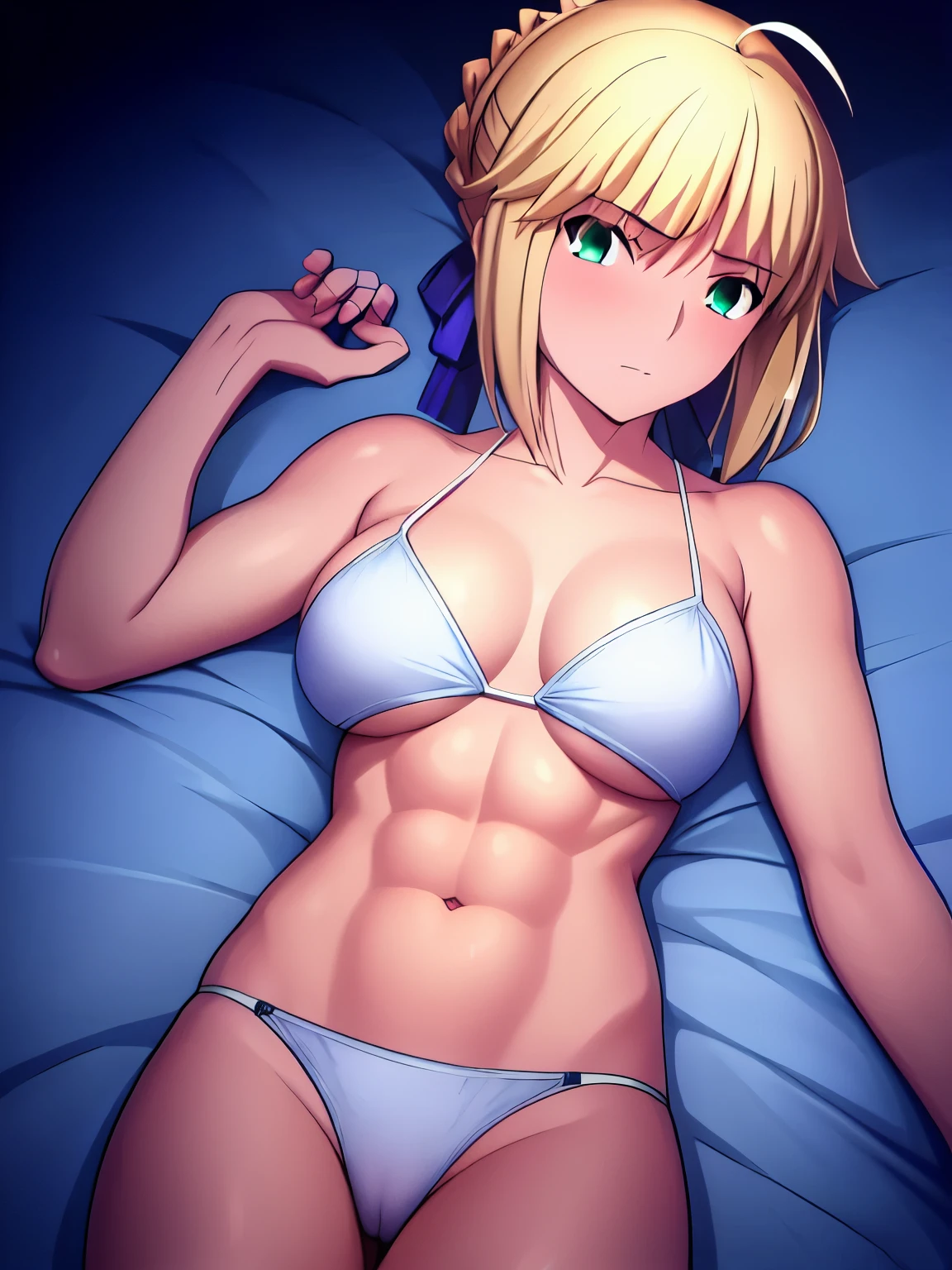 Best_quality, masterpiece, highres, detailed, detailed_background, ray_tracing_graphic, solo, adult_female, {saber_fatestaynightufotable:1.15}, blonde_hair, French_bread, little_ahoge, detailed_green_eyes, blue_ribbon, 1girl, anime_coloring, detailed_face, kuudere_face, five_fingers, blush, large_breasts, white_bikini, blue_straps, Trousers, from_the_top, lying, bed, dark_room, night_time, looking_at_viewer, oily_skin, sixpack_abs, detailed_skin, detailed_texture