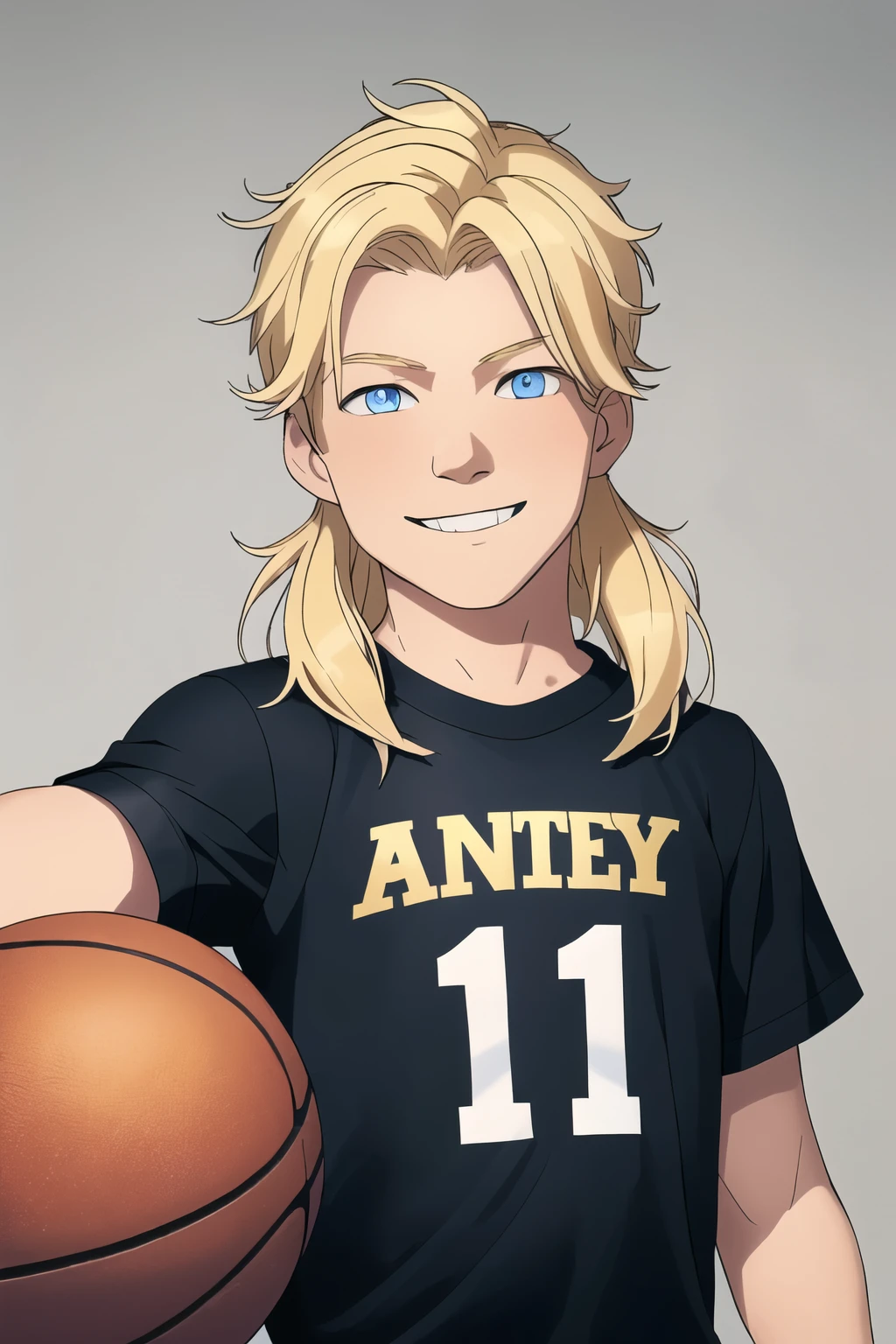 Masterpiece, Best Quality, Ultra-Detailed, 1boy, young, , , blonde hair, long hair, blue eyes, basketball shirt, black shirt, white undershirt, happy expression, smiling