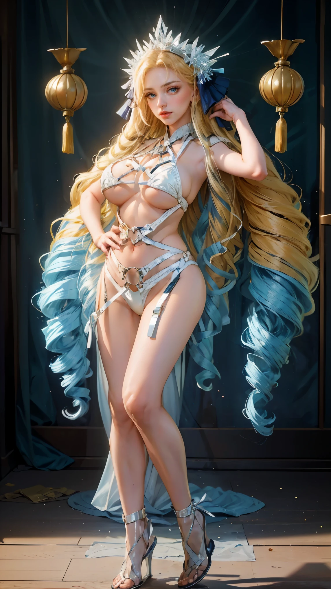 Best quality, masterpiece, ultra high res, raw photo, beautiful and aesthetic,deep shadow, dark theme,(ultra detailed:1.3),
1girl, dynamic pose, Headdress, hair ornament, full of curtain, drill hair, long hair, blonde hair, gradient hair, yellow eyes, solo, huge breasts, G-cup, big hair, blue hair, tiara, divine goddess, looking at viewer, chinese city, Chinese theme, Chinese style, indoors, bedroom, astraea, full body, ((belt clothes, clothes)),(gigantic breasts),(navel),white bikini,(white thongs),(standing),bare arms,bare shoulders,(crystal high heels)