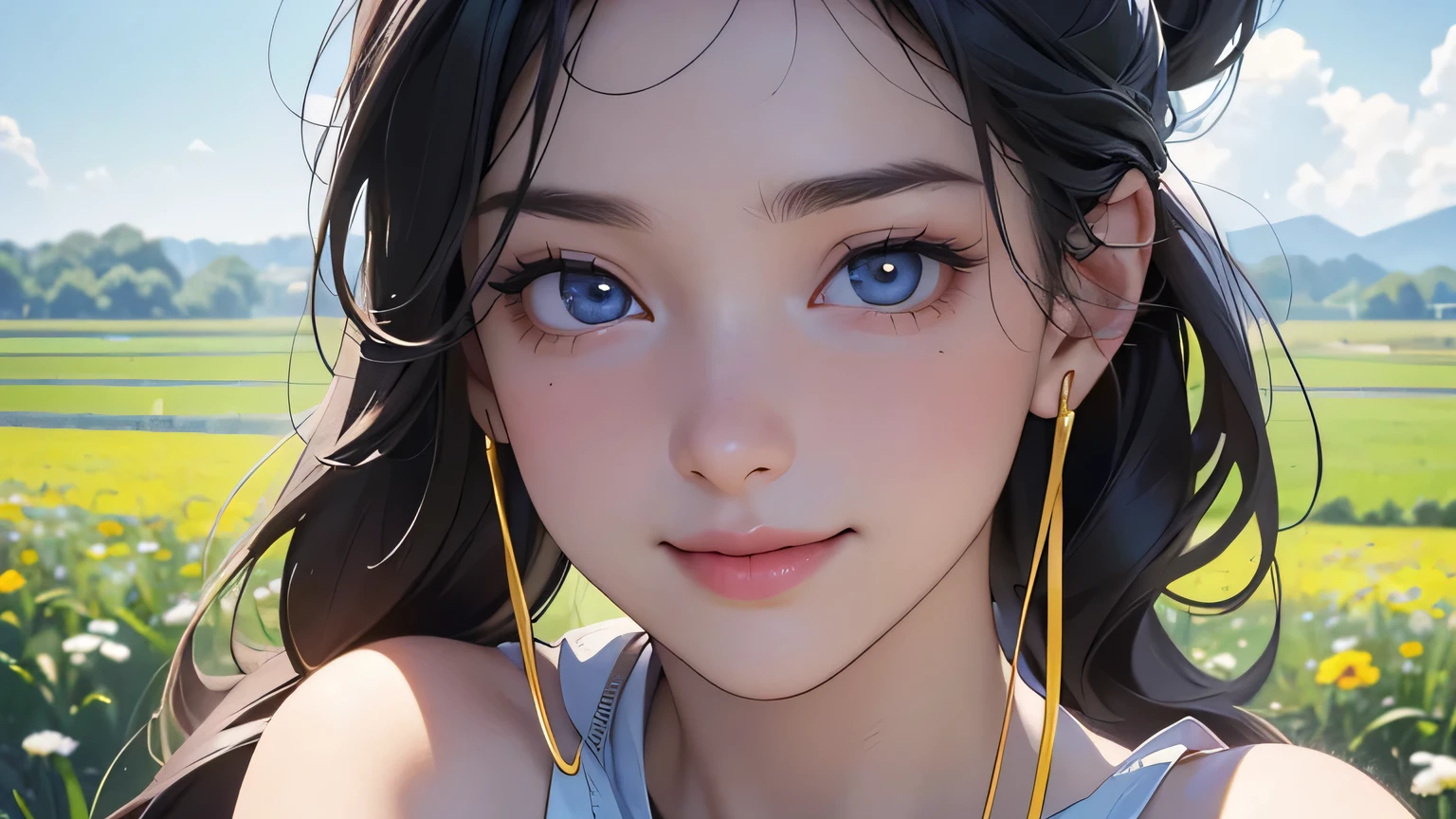 (8k, RAW photo, highest quality, masterpiece), high resolution RAW color photo, upper body, black hair, ponytail, white headphones, motionless, professional close-up, dynamic fist pump (realistic, photorealism: 1.37), (highest quality ), (Best Shadows), (Best Illustrations), Clavicle ((Large)), ((Erotic, Sexy, Ultra HD, High Quality CG Integrated 8K Wallpapers, Physically Based Rendering, Movie Lighting), Best Image Quality , amazing details, ultra-high resolution, (realism: 1.4), best illustrations, (maximum resolution: 1.2), (ultra-high resolution: 1.2), cinema light, 8K resolution, beautiful eyes and skin, detailed faces, perfect Style, Cute Face, Accurate, Anatomically Correct, Highly Detailed Face and Skin Texture, ((Best Quality, 8K, Masterpiece: 1.3)), Sharpness: 1.2, Perfect Body Beauty: 1.4, Big Chest, slim abs: 1.2, blush, clouds in the sky smiling at the viewer, chest, flushed cheeks, flowing hair. She must be wearing a crop top and shorts. It resembles a charming anime style. As for the image quality (best quality, 4K, 8K, high resolution, masterpiece: 1.2Nal photo, smile, smile like the sun, countryside with white headphones, fields, meadows, crop fields) , different types of flowers and plants, ((Farmer)), masterpiece, top quality, sharp focus, intricate details, perfection, golden ratio composition, 8K resolution, high resolution, beautiful, beautiful sky, vibrant pastel colors, bright colors