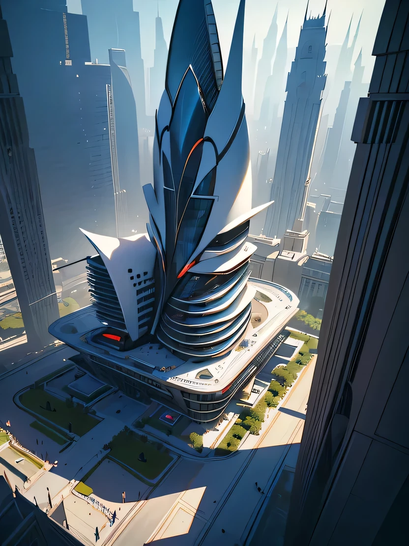 ((Masterpiece, top quality, highly detailed, high resolution, photorealistic, sharp focus, cinematic lighting)), high contrast, one building, a beautiful building in the center of the image, of a futuristic city designed by Zaha Hadid Skyscrapers, futuristic buildings, walkways around buildings, imaginary worlds, fusion of future and past, Hanging Gardens of Babylon, futuristic technology, architectural creativity, wide-angle photography, midday, crystal clear air, EdobSyFyCityLandscape