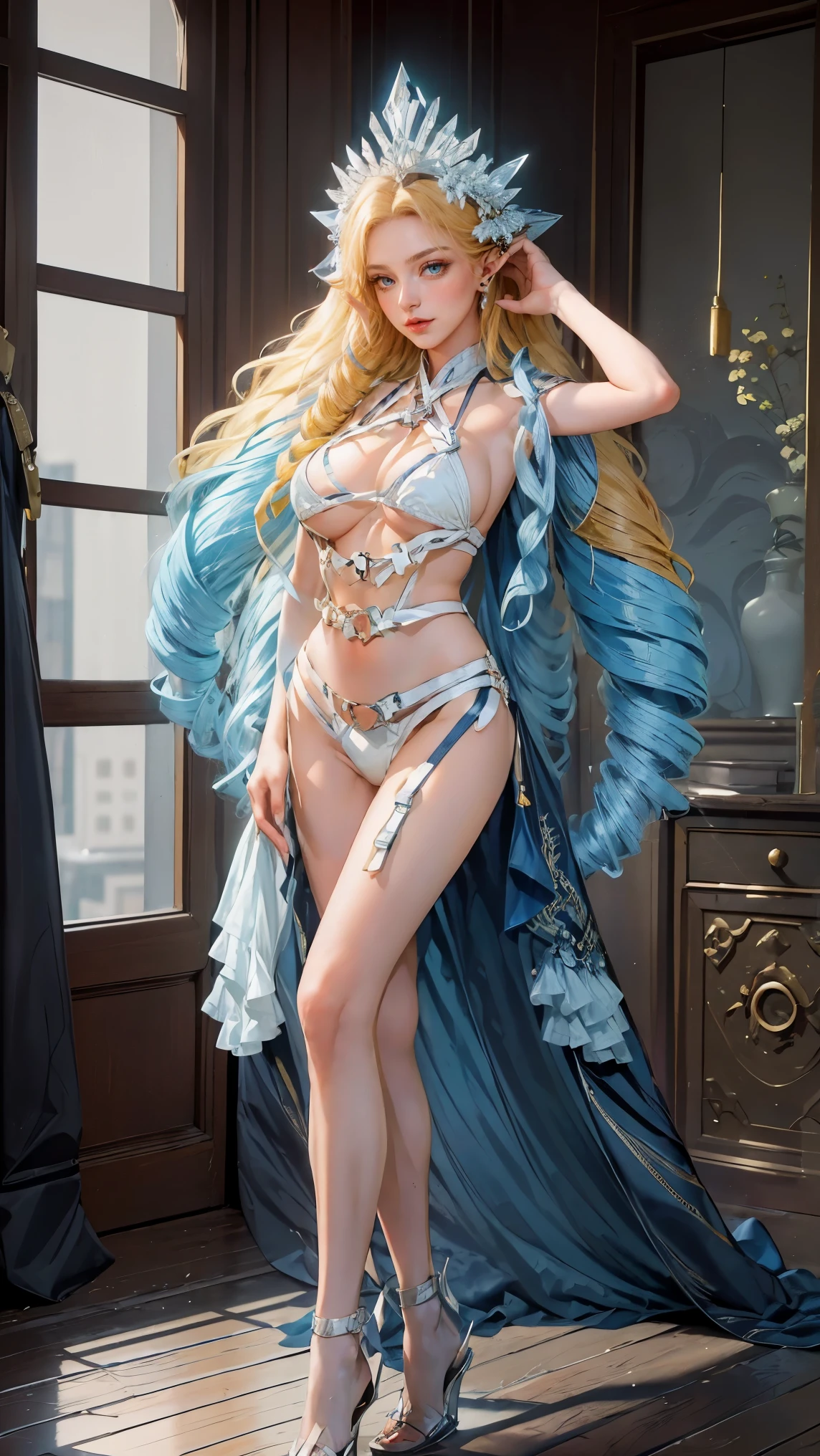 Best quality, masterpiece, ultra high res, raw photo, beautiful and aesthetic,deep shadow, dark theme,(ultra detailed:1.3),
1girl, sexy pose, Headdress, hair ornament, full of curtain, drill hair, long hair, blonde hair, gradient hair, yellow eyes, solo, huge breasts, G-cup, big hair, blue hair, tiara, divine goddess, looking at viewer, chinese city, Chinese theme, Chinese style, indoors, bedroom, astraea, full body, ((belt clothes, clothes)),(gigantic breasts),(navel),white bikini,(white thongs),(standing),bare arms,bare shoulders,(crystal high heels)